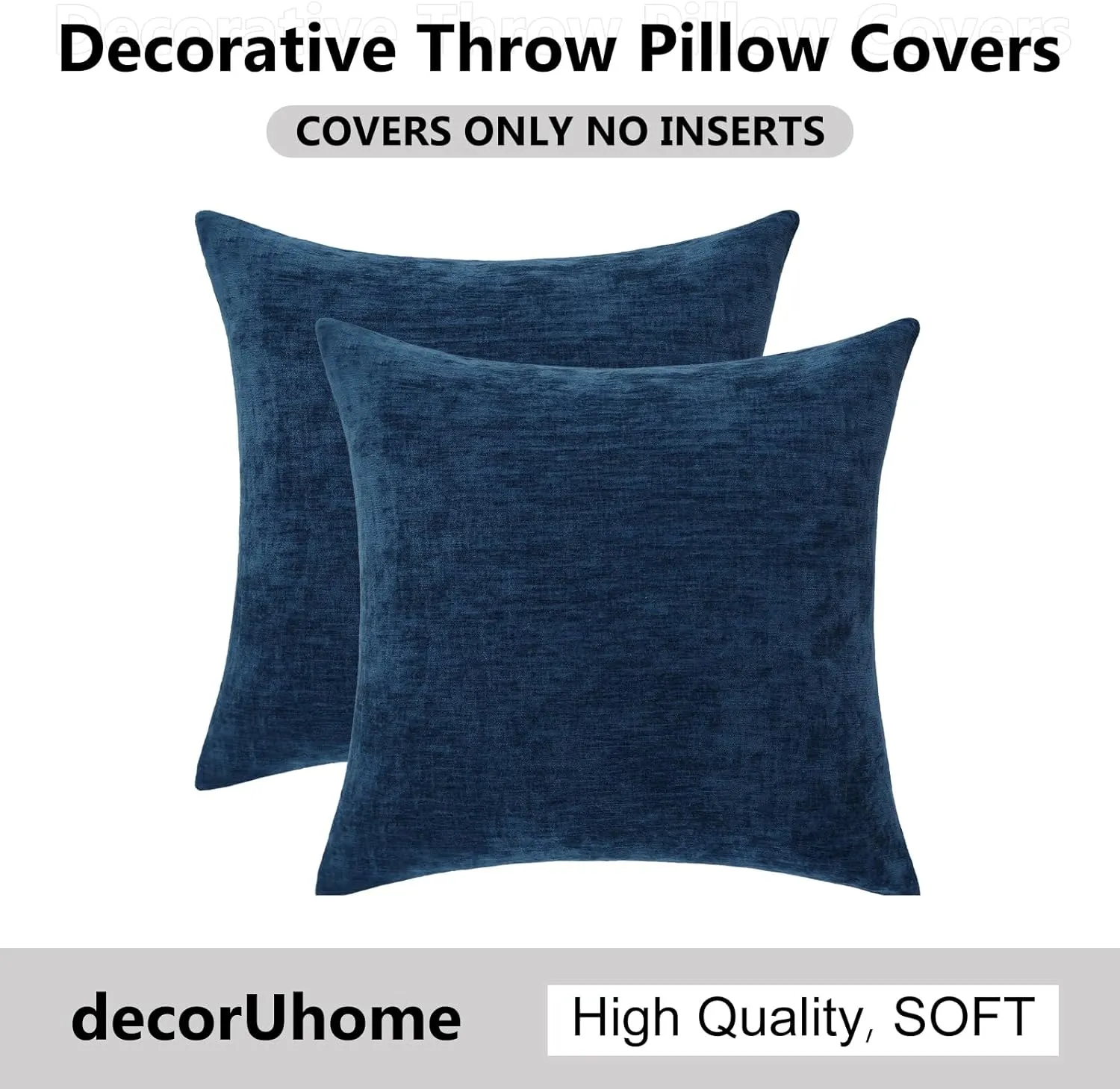 decorUhome Couch Throw Pillow Covers 24X24 Set of 2, Decorative Soft Neutral Chenille Solid Dyed Square Pillow Covers for Sofa Bed Living Room, Poseidon