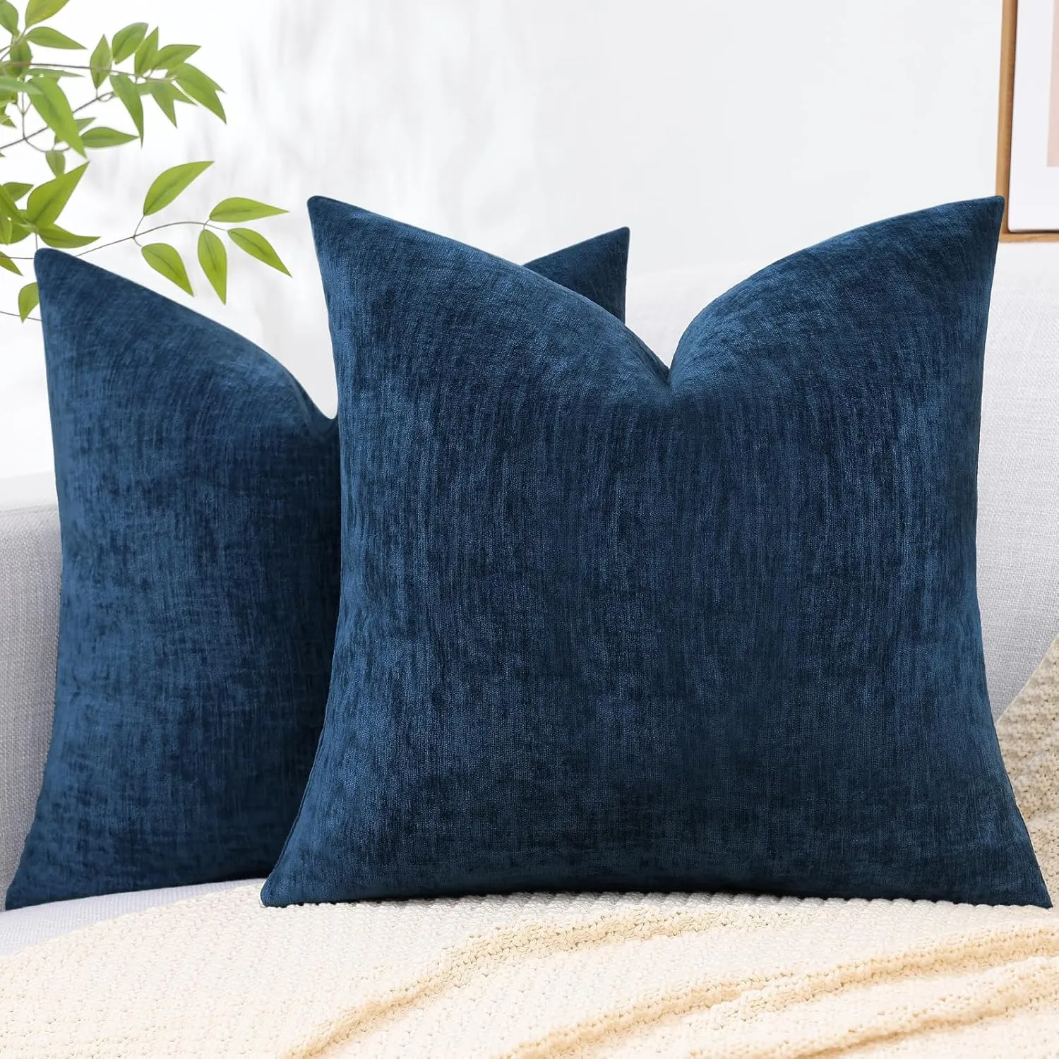decorUhome Couch Throw Pillow Covers 24X24 Set of 2, Decorative Soft Neutral Chenille Solid Dyed Square Pillow Covers for Sofa Bed Living Room, Poseidon