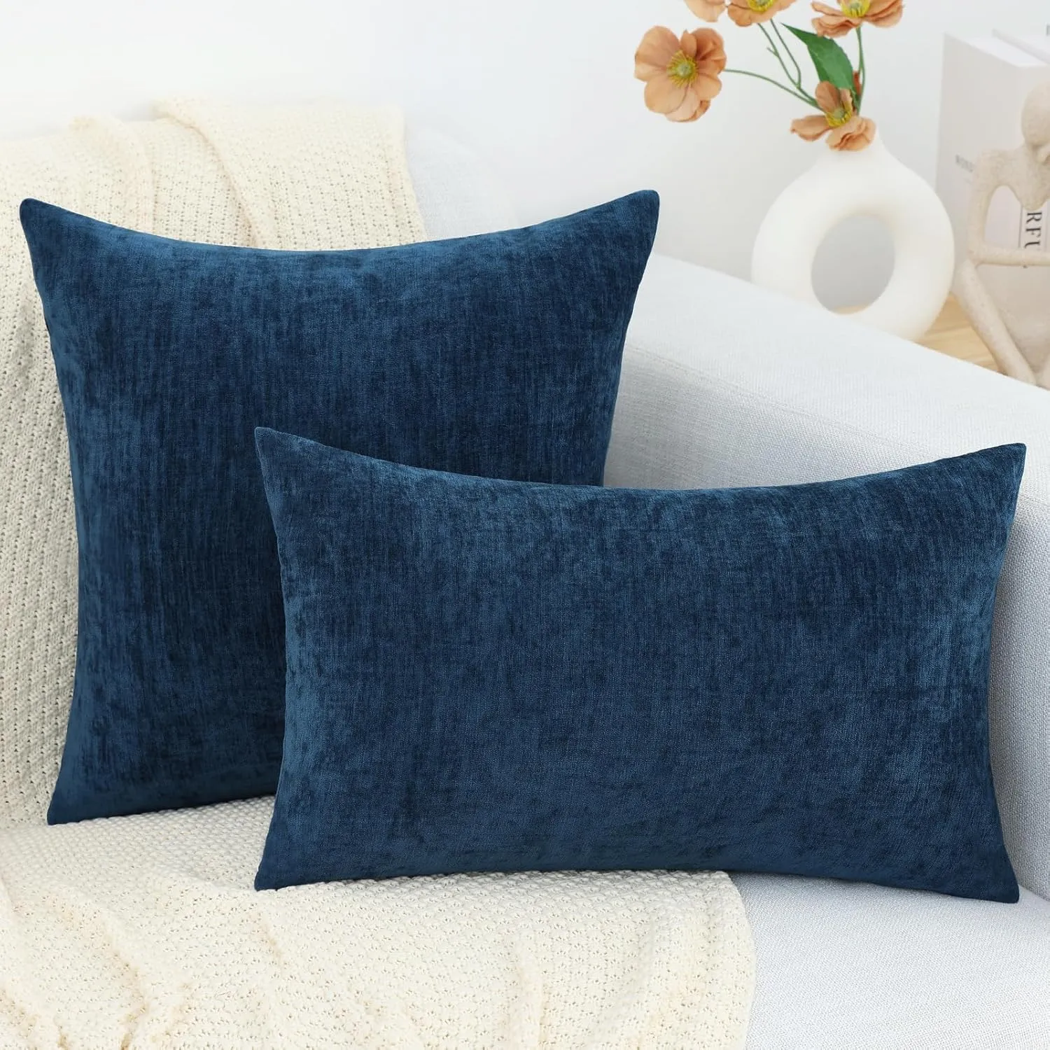 decorUhome Couch Throw Pillow Covers 24X24 Set of 2, Decorative Soft Neutral Chenille Solid Dyed Square Pillow Covers for Sofa Bed Living Room, Poseidon
