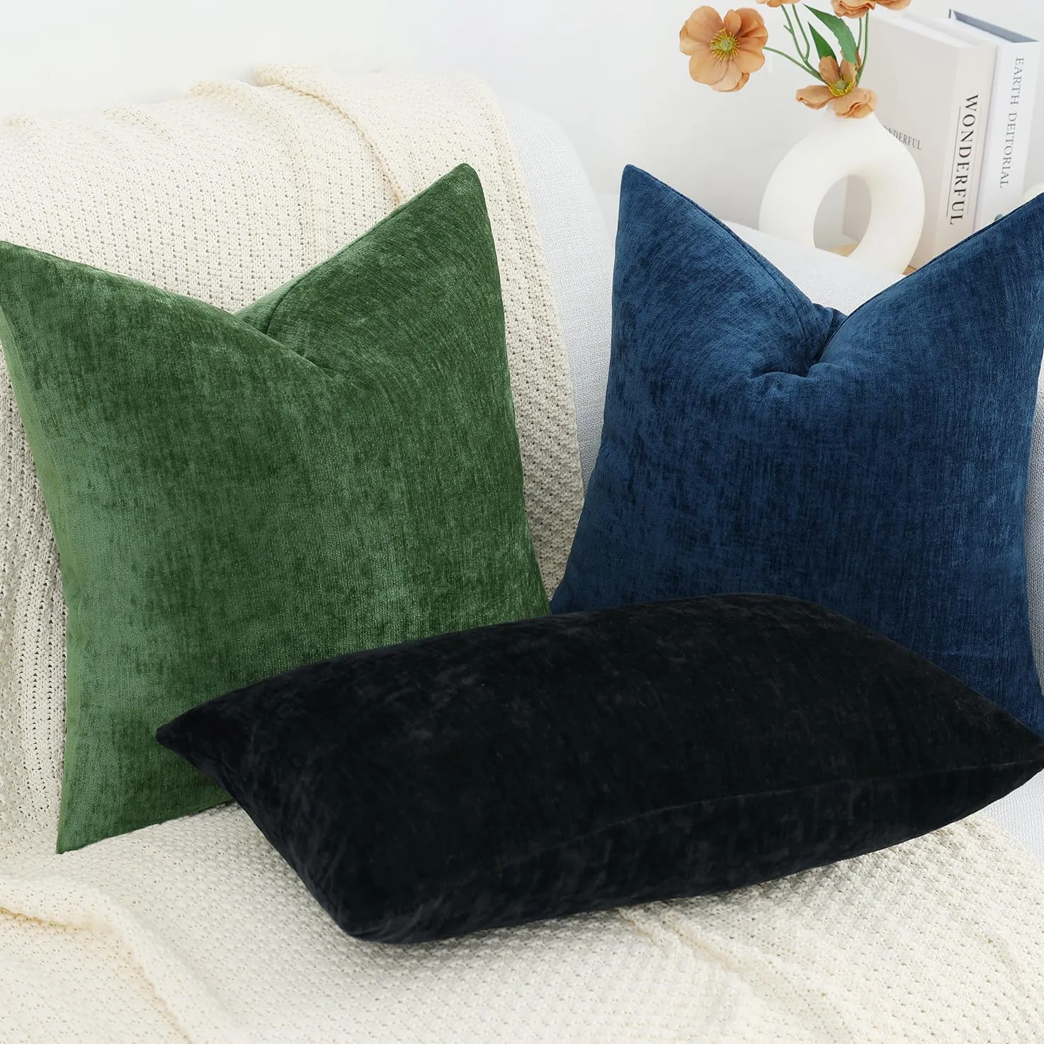 decorUhome Couch Throw Pillow Covers 24X24 Set of 2, Decorative Soft Neutral Chenille Solid Dyed Square Pillow Covers for Sofa Bed Living Room, Poseidon