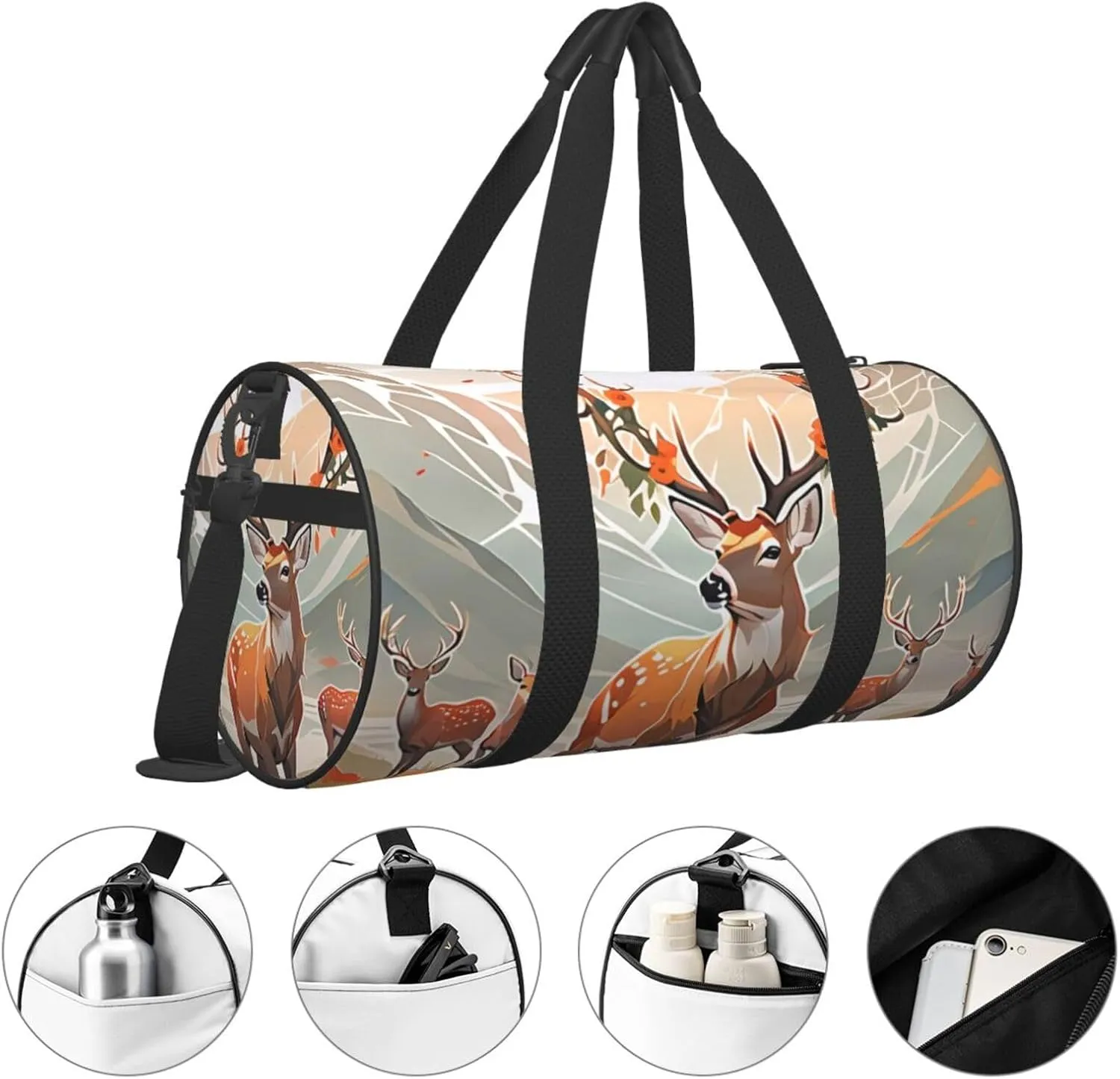 Deer Printed Travel Bag,Round Personal Item Storage bag,Foldie Duffel Bag for Traveling Vacation,Fitness,Sports