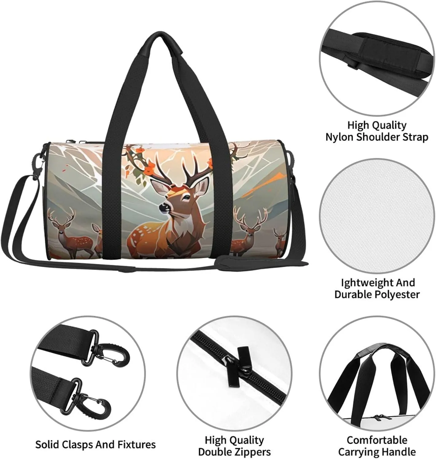 Deer Printed Travel Bag,Round Personal Item Storage bag,Foldie Duffel Bag for Traveling Vacation,Fitness,Sports