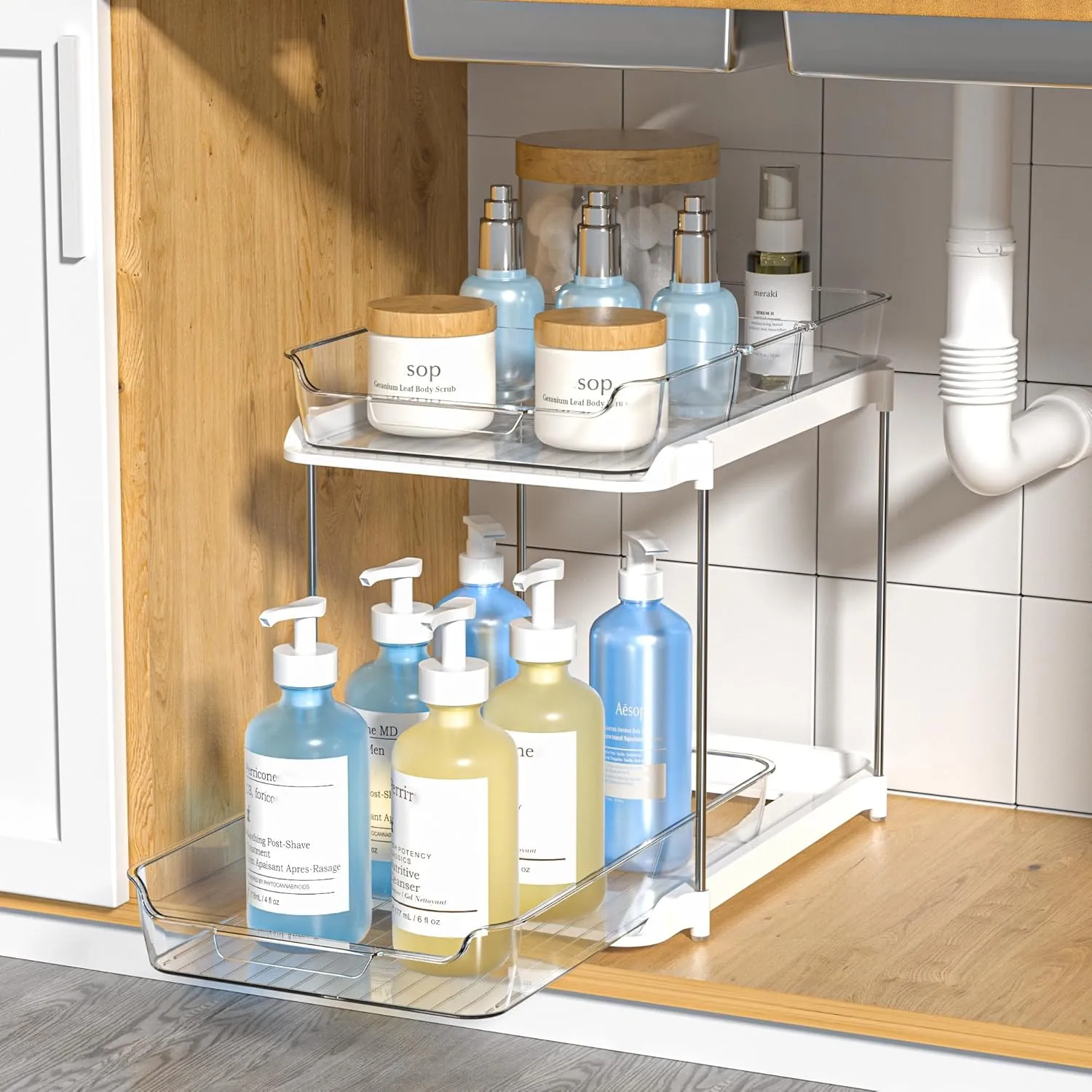 Delamu 2 Sets of 2-Tier Multi-Purpose Bathroom Under Sink Organizers and Storage, Stackable Kitchen Pantry Organization, Pull Out Medicine Cabinet Organizer with 8 Movable Dividers