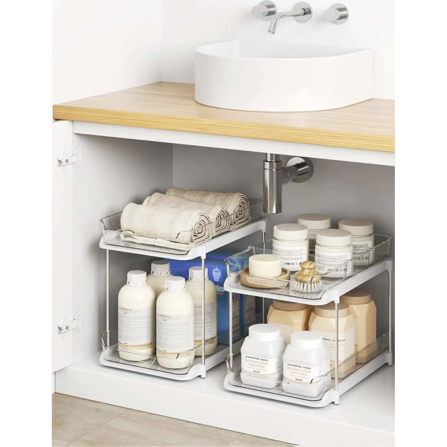 Delamu 2 Sets of 2-Tier Multi-Purpose Bathroom Under Sink Organizers and Storage, Stackable Kitchen Pantry Organization, Pull Out Medicine Cabinet Organizer with 8 Movable Dividers