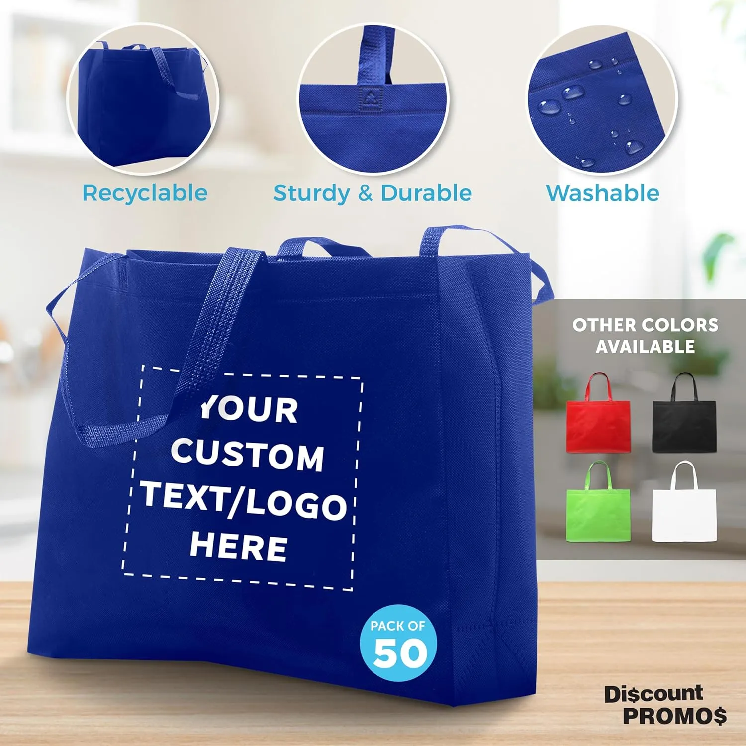 DISCOUNT PROMOS Custom Jumbo Sized Tote Bags Set of 50, Personalized Bulk Pack - Reusable Grocery Bags, Shopping Bags, Promotional Item Totes for Women - Blue