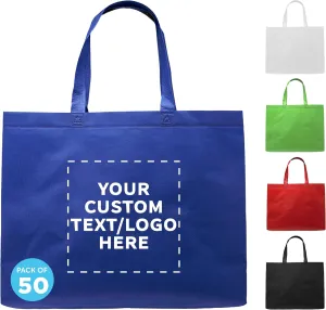 DISCOUNT PROMOS Custom Jumbo Sized Tote Bags Set of 50, Personalized Bulk Pack - Reusable Grocery Bags, Shopping Bags, Promotional Item Totes for Women - Blue