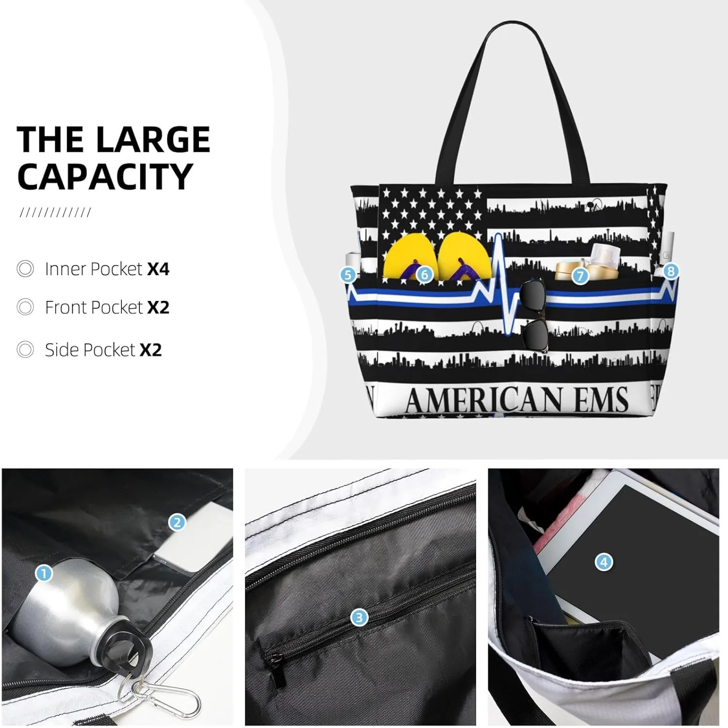 Dispatch Police Military Fire Flag Tote Bag With 8 Storage Pockets Top Zip Shoulder Bag Handbag For Travel Work Women