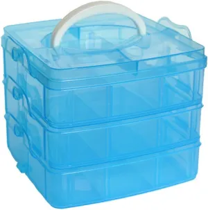 DJUNXYAN 3-Tier 18 Sections Transparent Stackable Adjustable Compartment Slot Plastic Craft Storage Box Organizer For Toy Desktop Jewelry Accessory Drawer Or Kitchen 4 Colors 3 Sizes (Medium Blue)