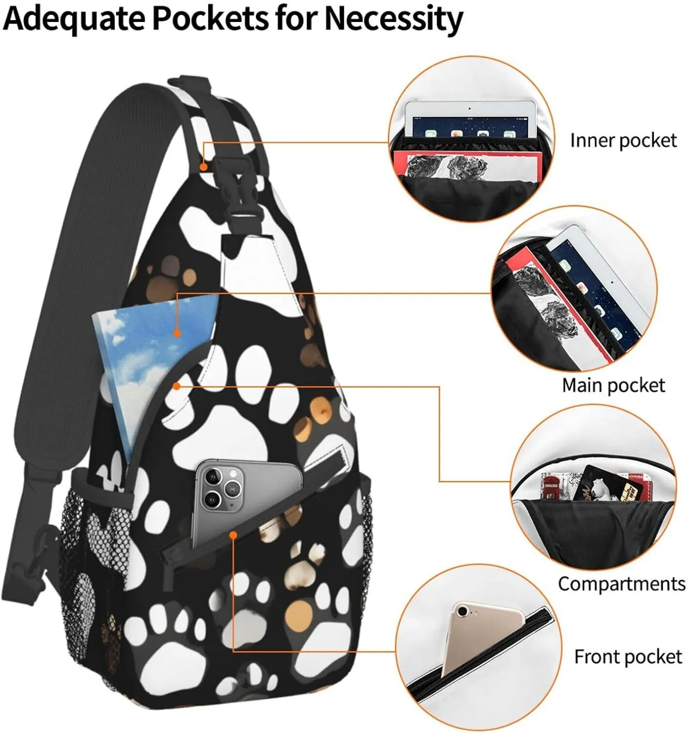 Dog Paw Print Print Sling Backpack, Sling Bag, Crossbody Chest Bag Daypack, for Hiking Travel