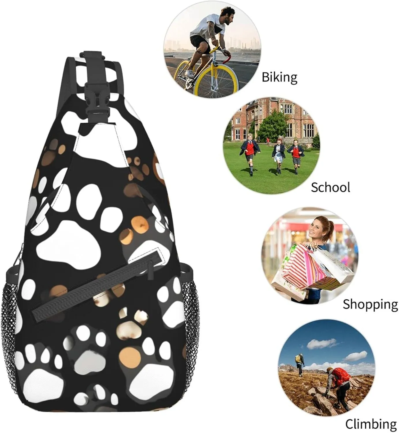 Dog Paw Print Print Sling Backpack, Sling Bag, Crossbody Chest Bag Daypack, for Hiking Travel