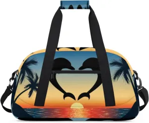 Dolphin Heart Gym Duffel Bag for Men Women Sunset Palm Tree Sports Tote Bag with Adjustable Shoulder Strap for Dance Gymnastics Traveling Outdoor Camping Overnight Stay