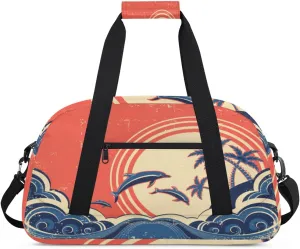 Dolphins Sea Waves Gym Duffel Bag for Men Women Retro Pattern Sports Tote Bag with Adjustable Shoulder Strap for Dance Gymnastics Traveling Outdoor Camping Overnight Stay