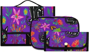 Doodle Cat and Flowers Women Men Travel Cosmetic Bag, Toiletry Bag Set, Portable Hanging Organizer for Toiletries, Cosmetics, Brushes