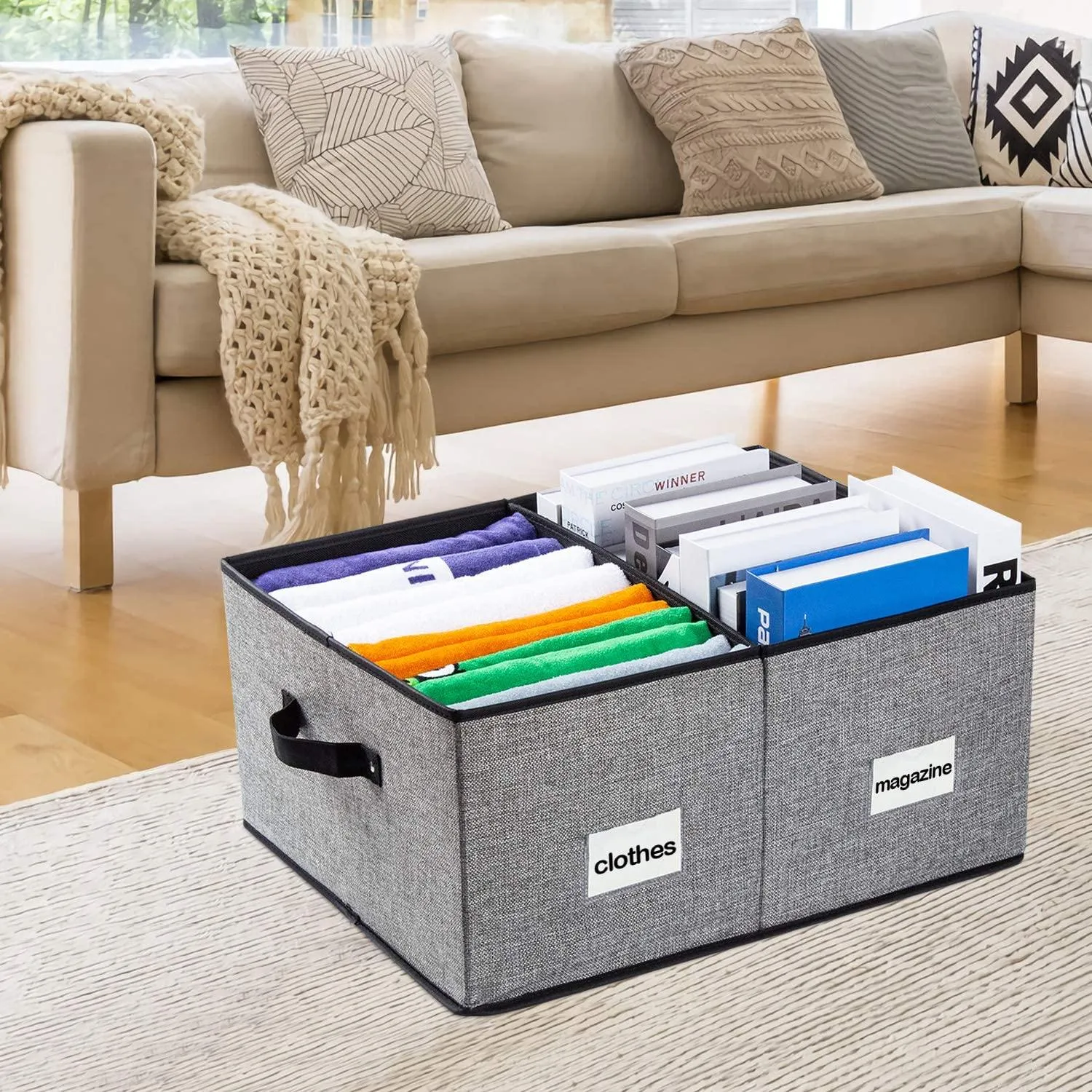 DOUBLE R BAGS Decorative Fabric Storage Boxes with Lid (Grey, Pack Of 2 Large)
