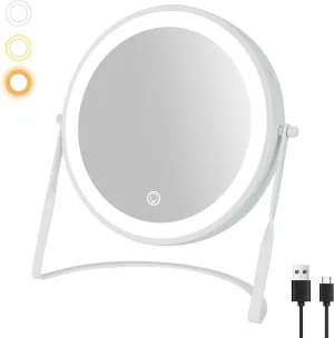 DOWRY 8.5'' Lighted Makeup Vanity Mirror with Magnification, Rechargeable 1x 10x Magnifying Mirror with 3 Color Light Brightness Adjustable, 360°Rotation Double Side Desk Cosmetic Mirror…