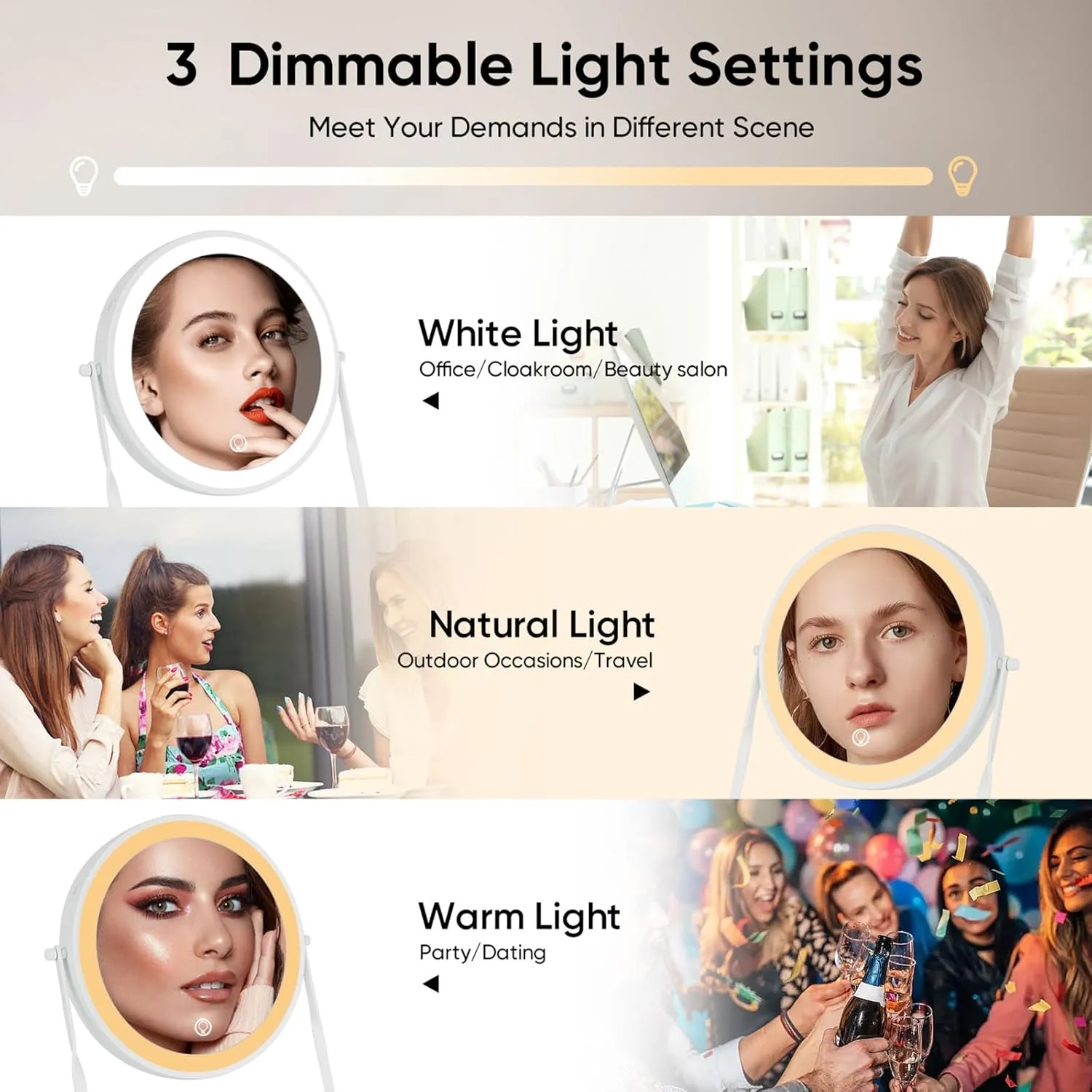 DOWRY 8.5'' Lighted Makeup Vanity Mirror with Magnification, Rechargeable 1x 10x Magnifying Mirror with 3 Color Light Brightness Adjustable, 360°Rotation Double Side Desk Cosmetic Mirror…