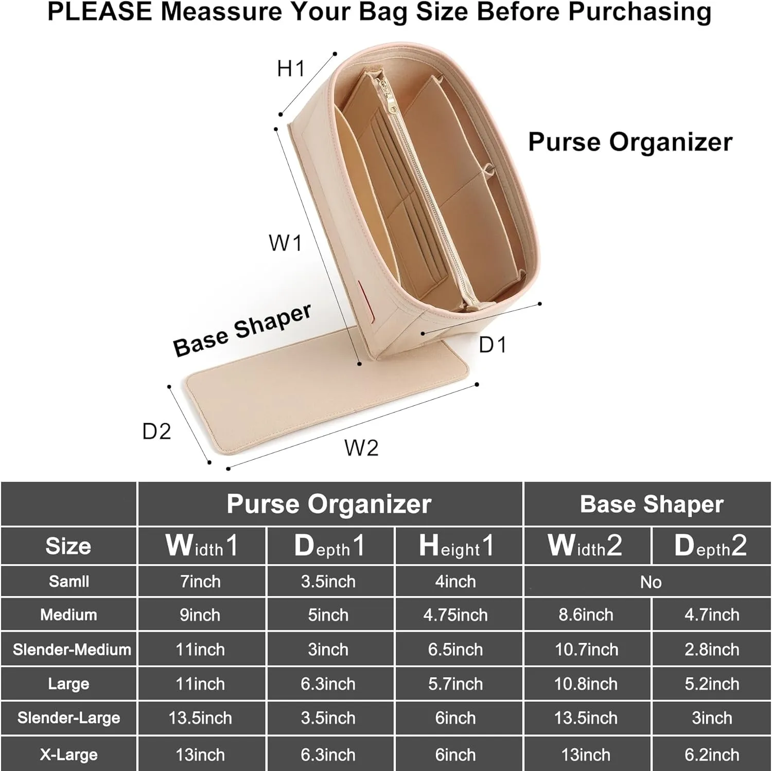 Doxo Purse Organizer Insert & Base Shaper 2pc Set, Felt Handbag Bag For LV Speedy 35 40 (XL-Beige)