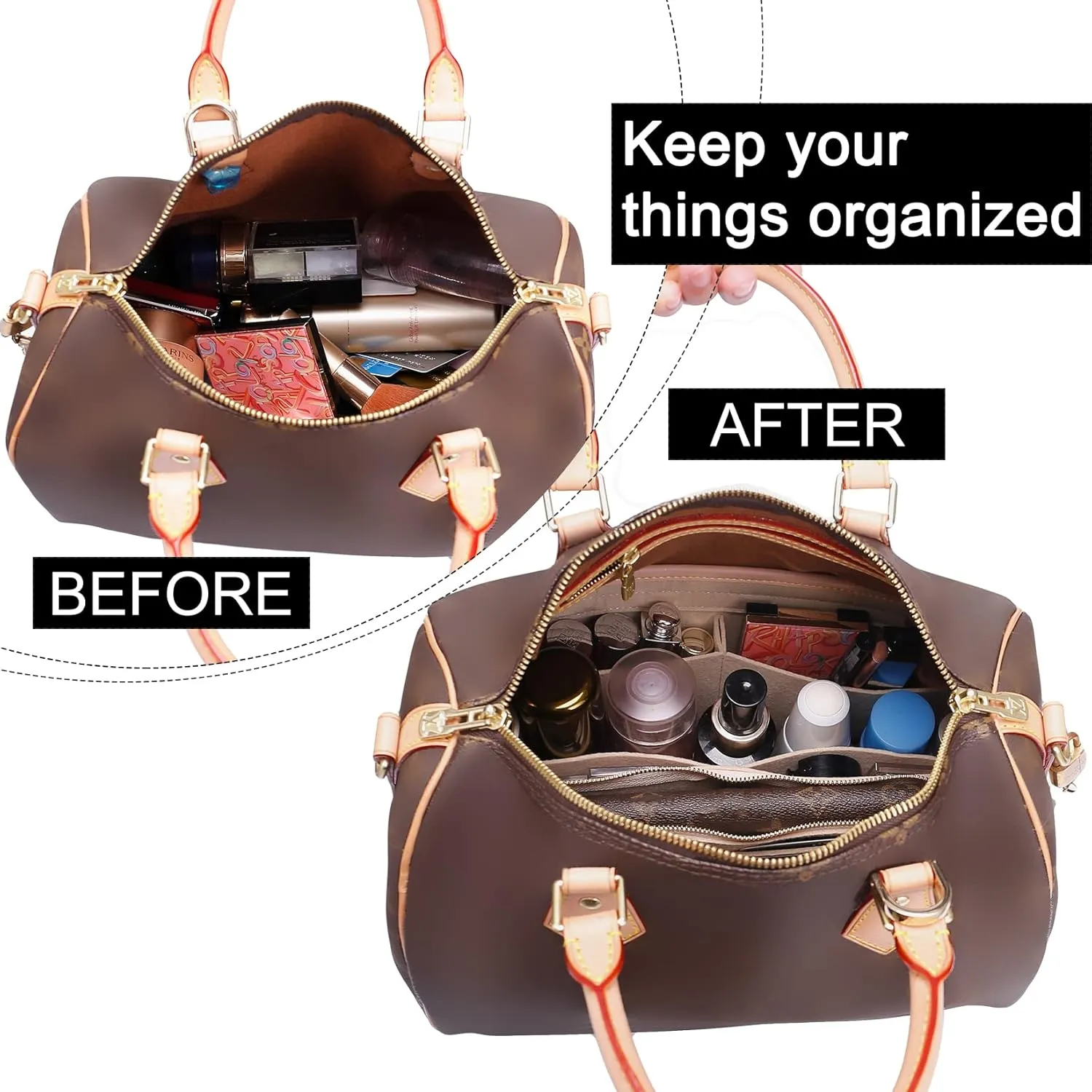 Doxo Purse Organizer Insert & Base Shaper 2pc Set, Felt Handbag Bag For LV Speedy 35 40 (XL-Beige)
