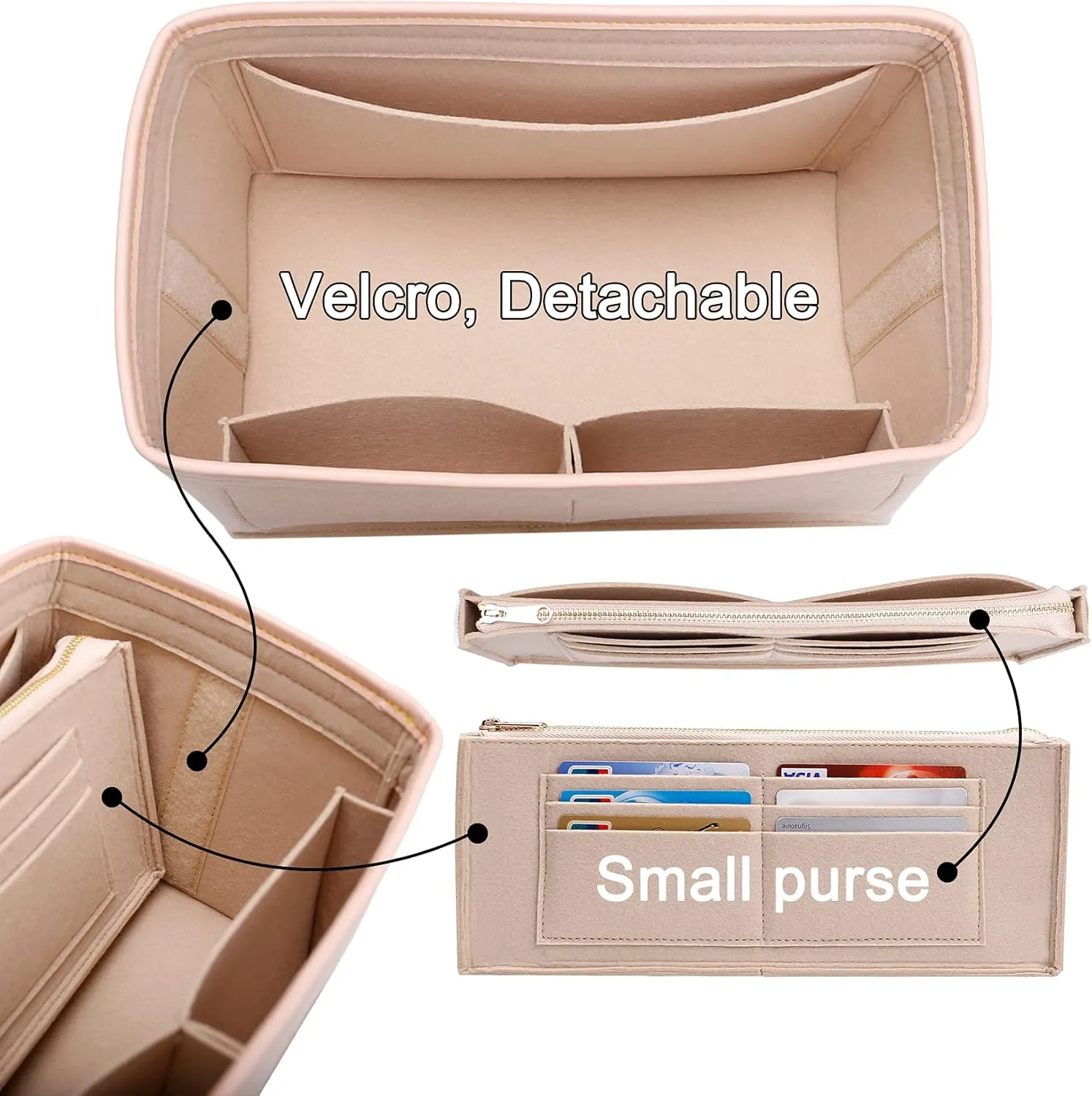 Doxo Purse Organizer Insert & Base Shaper 2pc Set, Felt Handbag Bag For LV Speedy 35 40 (XL-Beige)