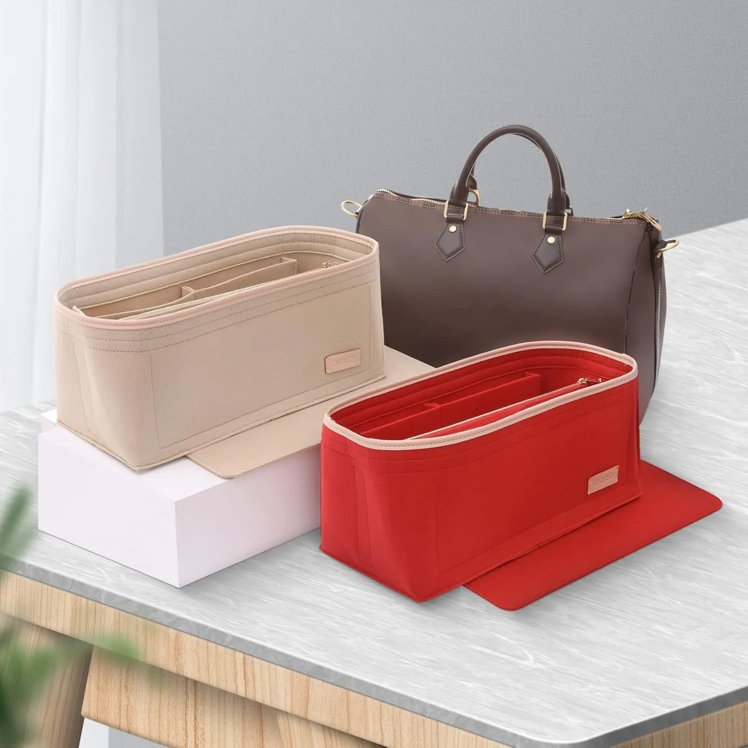 Doxo Purse Organizer Insert & Base Shaper 2pc Set, Felt Handbag Bag For LV Speedy 35 40 (XL-Beige)
