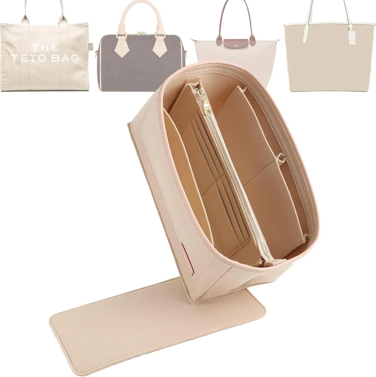 Doxo Purse Organizer Insert & Base Shaper 2pc Set, Felt Handbag Bag For LV Speedy 35 40 (XL-Beige)
