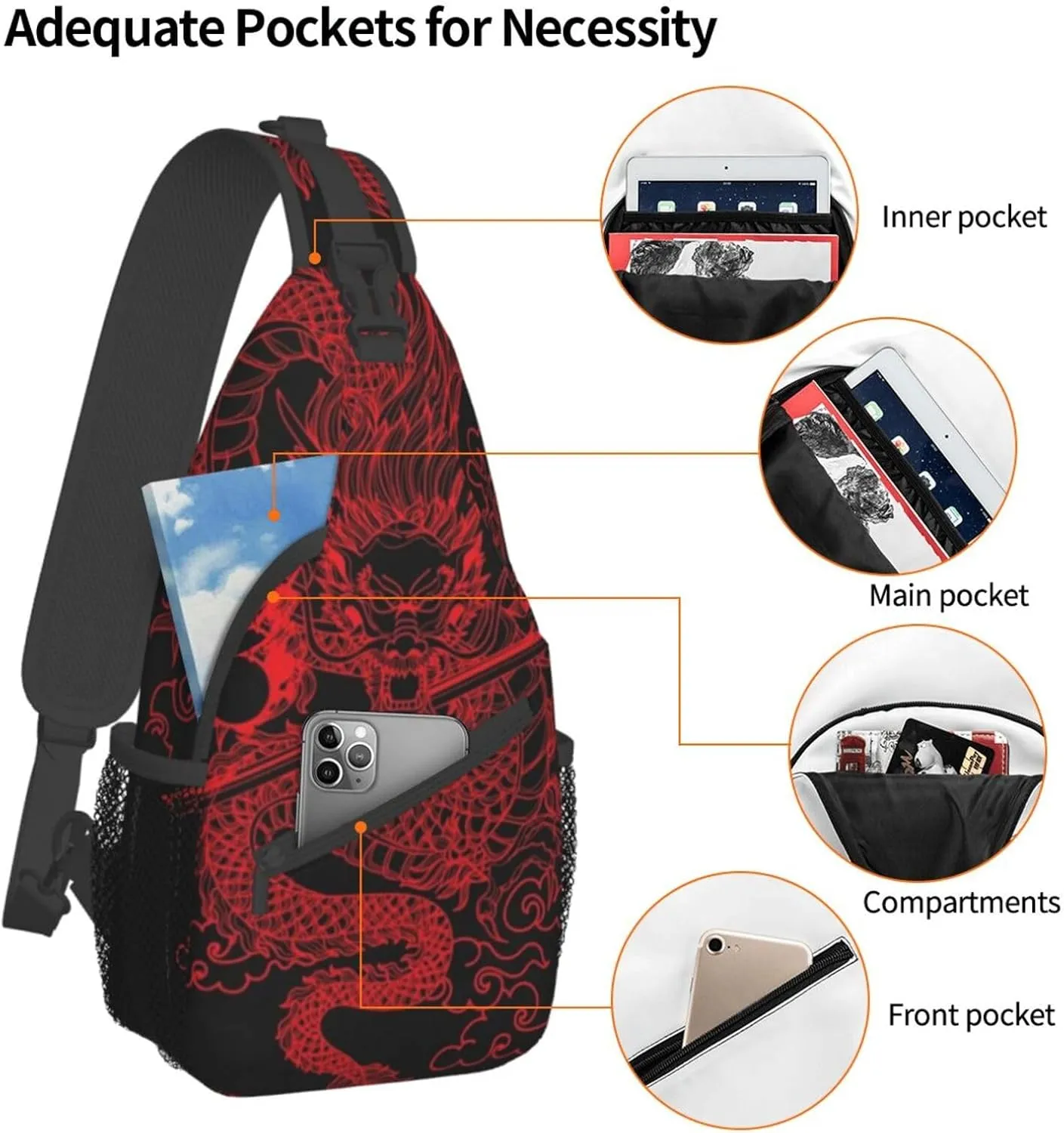 Dragon Pattern Sling Backpack Crossbody Sling Bag for Women Men Multipurpose Travel Hiking Chest Bag Daypack