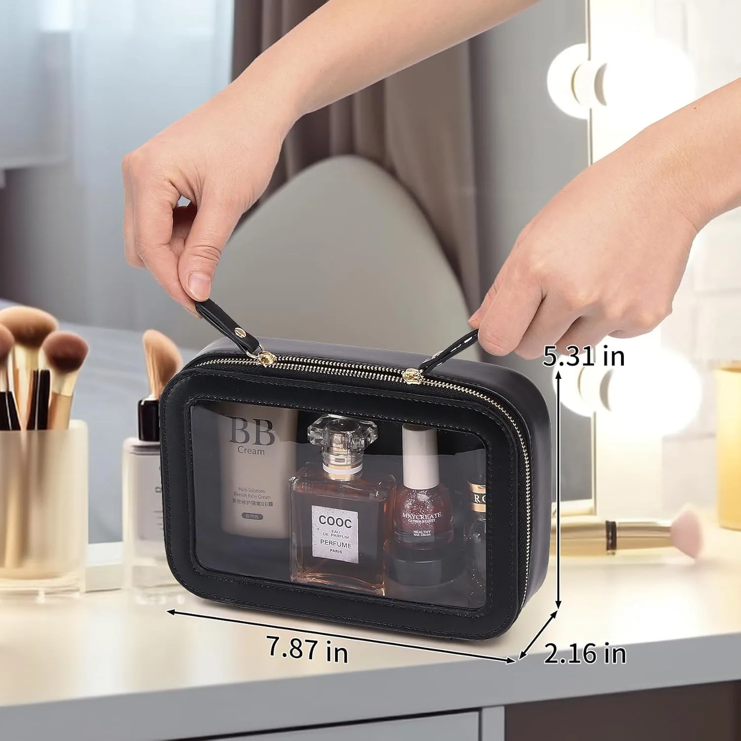 Duolan Clear Makeup Bag for Women Transparent Cosmetic Bag Case Clear Accessories Bag Portable Makeup Bag for Car (A/Black, M)