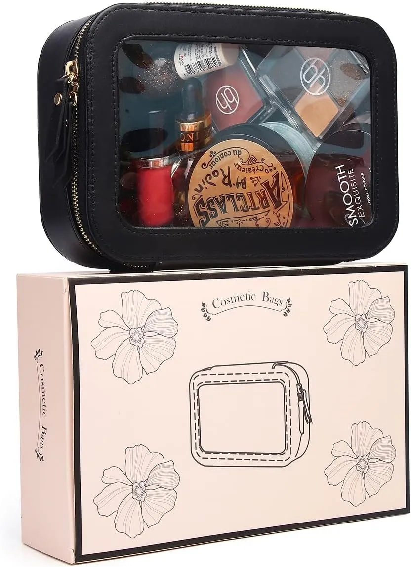 Duolan Clear Makeup Bag for Women Transparent Cosmetic Bag Case Clear Accessories Bag Portable Makeup Bag for Car (A/Black, M)