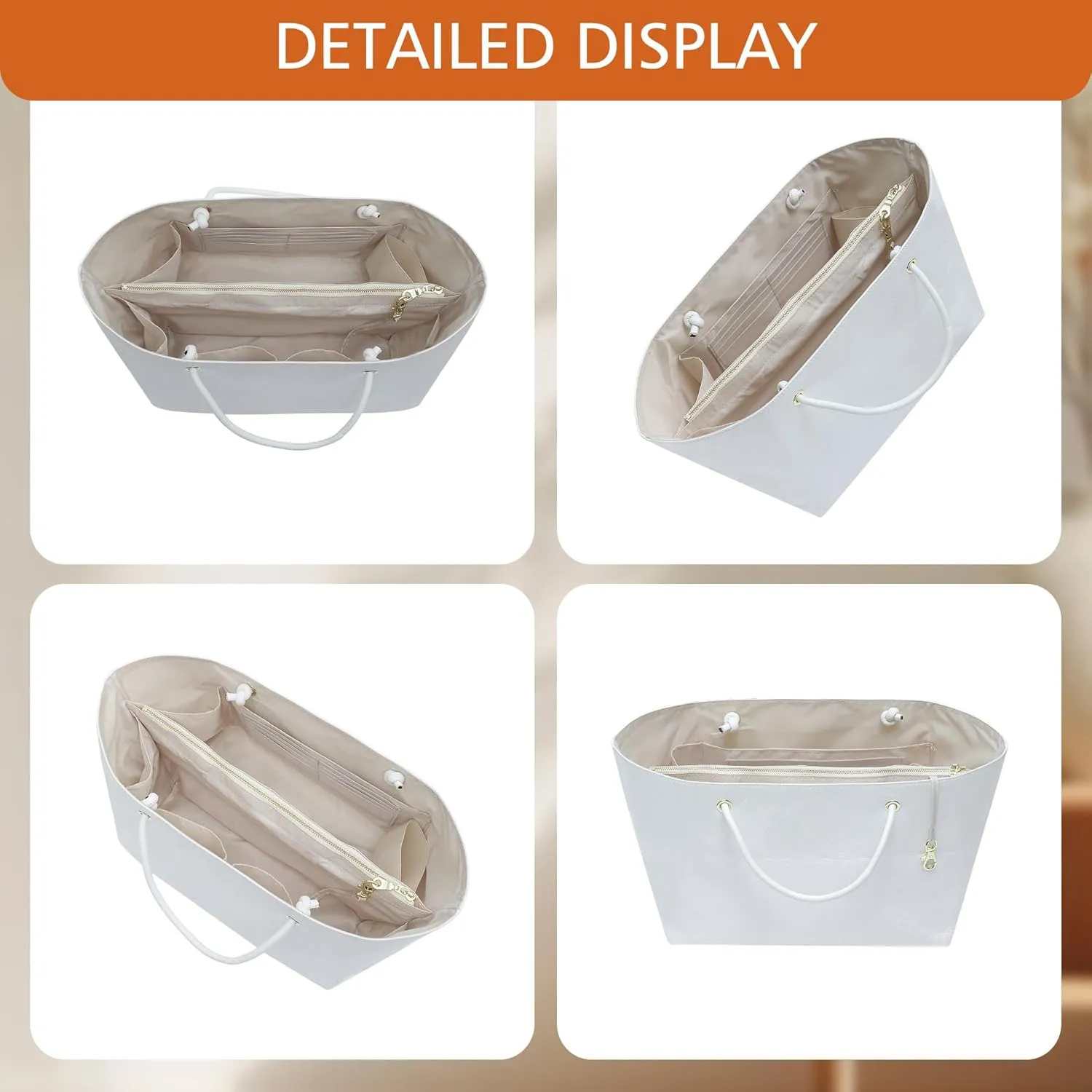 Dupont Paper Purse Organizer Insert with Elastic Cup Holder,Tote Handbag Divider Shaper Cpmpatible with Longchamp Medium/Goyard PM and More, 17 Compartments/Key Leash Zipper Bags Liner, White/M