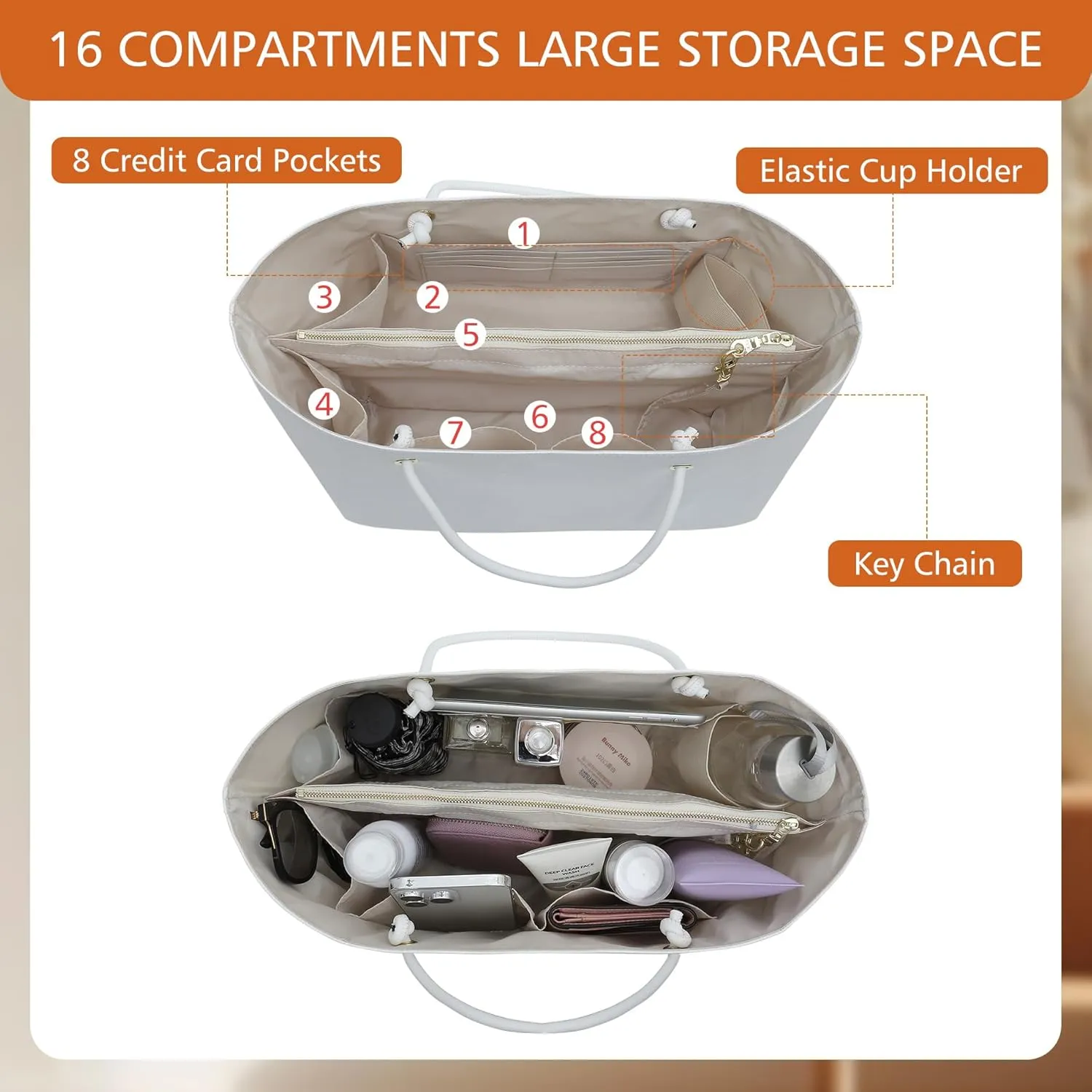 Dupont Paper Purse Organizer Insert with Elastic Cup Holder,Tote Handbag Divider Shaper Cpmpatible with Longchamp Medium/Goyard PM and More, 17 Compartments/Key Leash Zipper Bags Liner, White/M