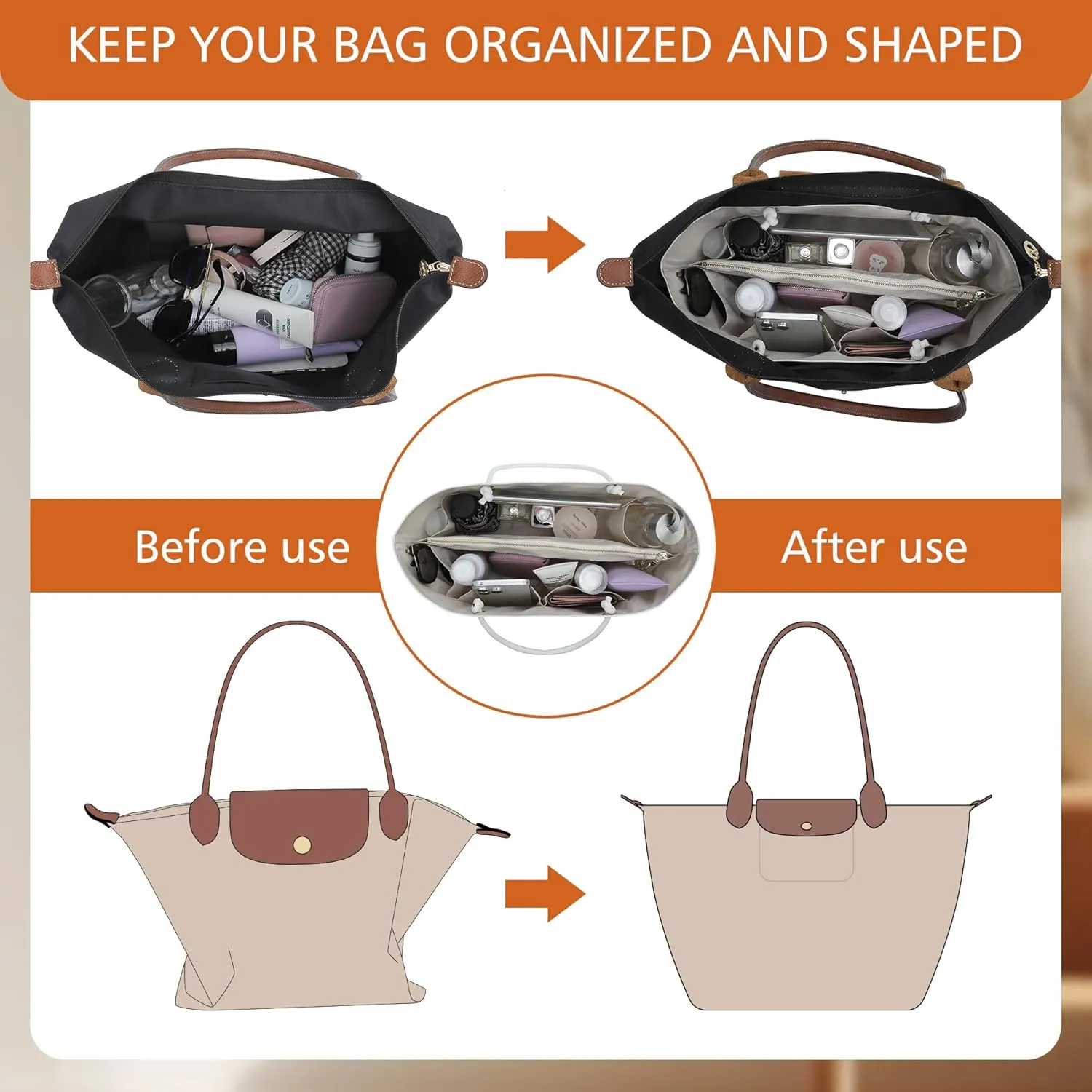 Dupont Paper Purse Organizer Insert with Elastic Cup Holder,Tote Handbag Divider Shaper Cpmpatible with Longchamp Medium/Goyard PM and More, 17 Compartments/Key Leash Zipper Bags Liner, White/M
