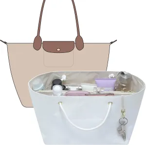 Dupont Paper Purse Organizer Insert with Elastic Cup Holder,Tote Handbag Divider Shaper Cpmpatible with Longchamp Medium/Goyard PM and More, 17 Compartments/Key Leash Zipper Bags Liner, White/M