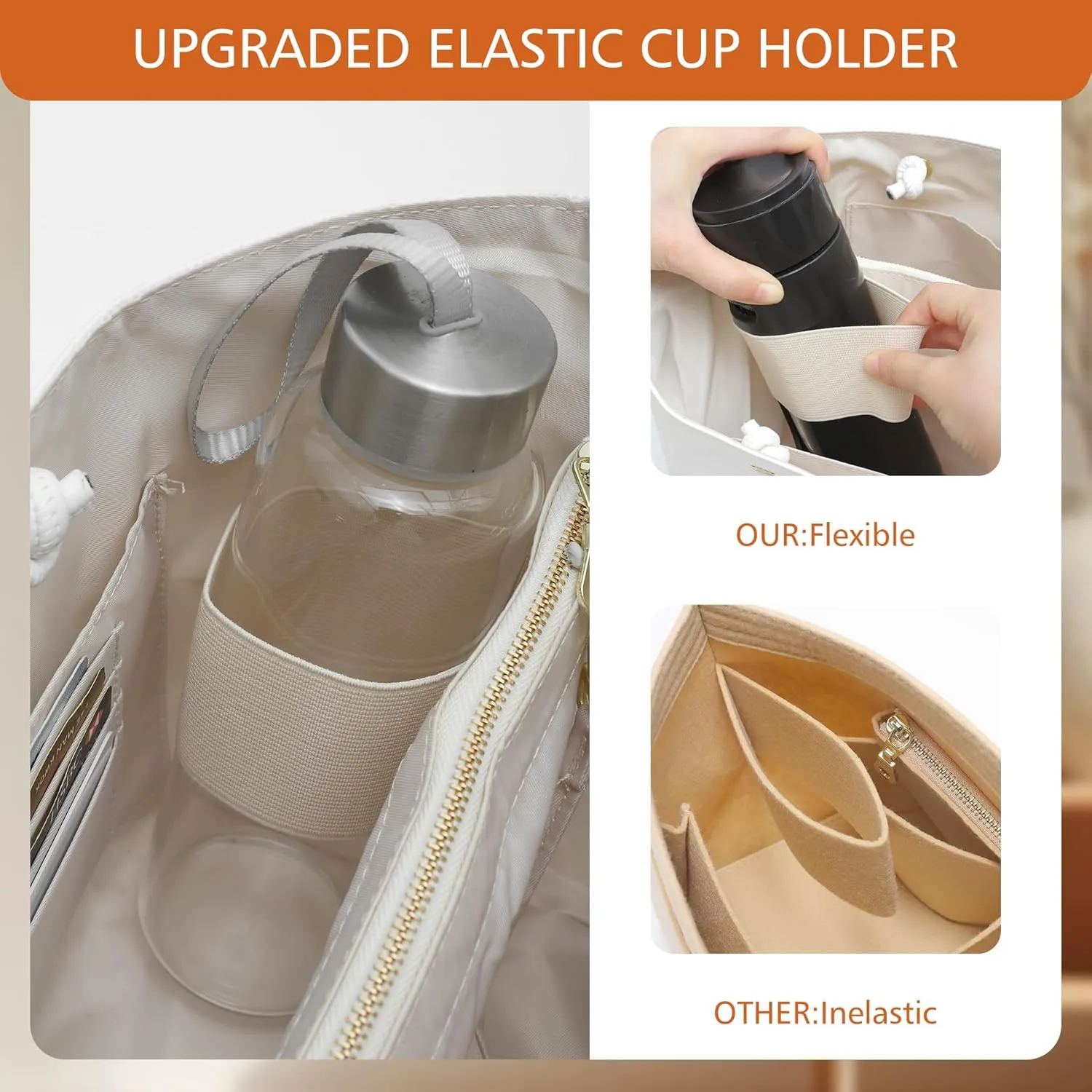 Dupont Paper Purse Organizer Insert with Elastic Cup Holder,Tote Handbag Divider Shaper Cpmpatible with Longchamp Medium/Goyard PM and More, 17 Compartments/Key Leash Zipper Bags Liner, White/M