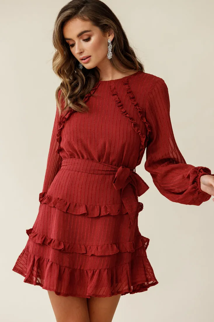 Dusk Long Sleeve Waist Tie Frill Dress Thin Stripe Wine