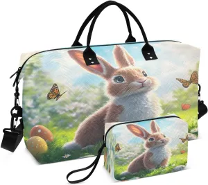 Easter Cute Rabbit and Egg Travel Duffel Bags 2PCS,Sports Duffel Bags for Men Women,Weekender Overnight Bag Gym Tote Bag with Toiletry Bag