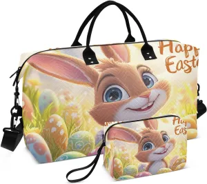 Easter Cute Rabbit and Egg Travel Duffel Bags 2PCS,Sports Duffel Bags for Men Women,Weekender Overnight Bag Gym Tote Bag with Toiletry Bag