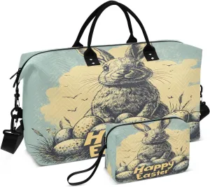 Easter Cute Rabbit and Egg Travel Duffel Bags 2PCS,Sports Duffel Bags for Men Women,Weekender Overnight Bag Gym Tote Bag with Toiletry Bag