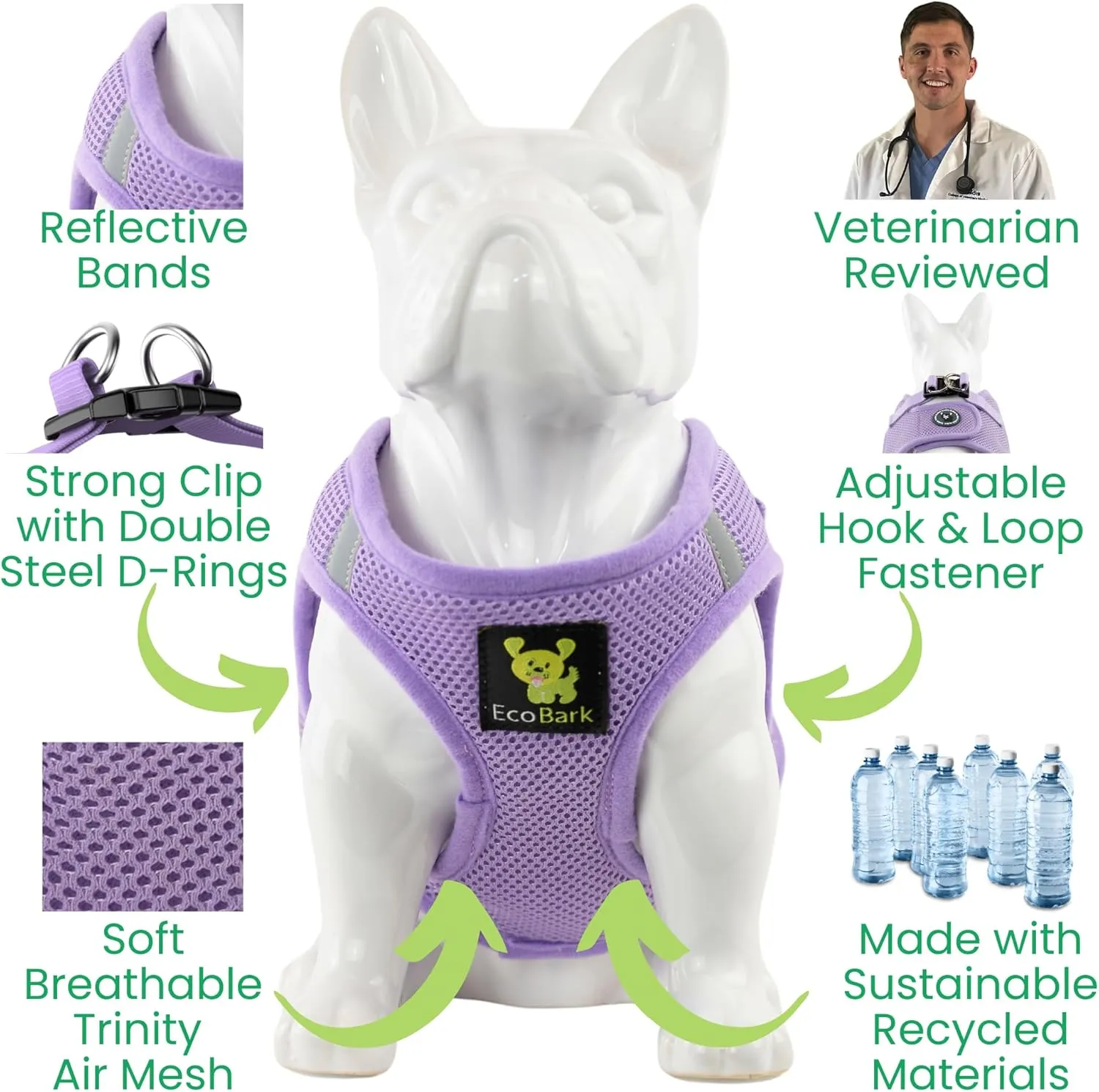 EcoBark Small Dog Harness - Step in Reflective Soft Luxury Mesh Ultra Padded Harness for Puppies, Toy Breeds, and Small Dogs - Comfortable & Secure Halter - Adjustable Pet Vest Wrap (Small, Lavender)