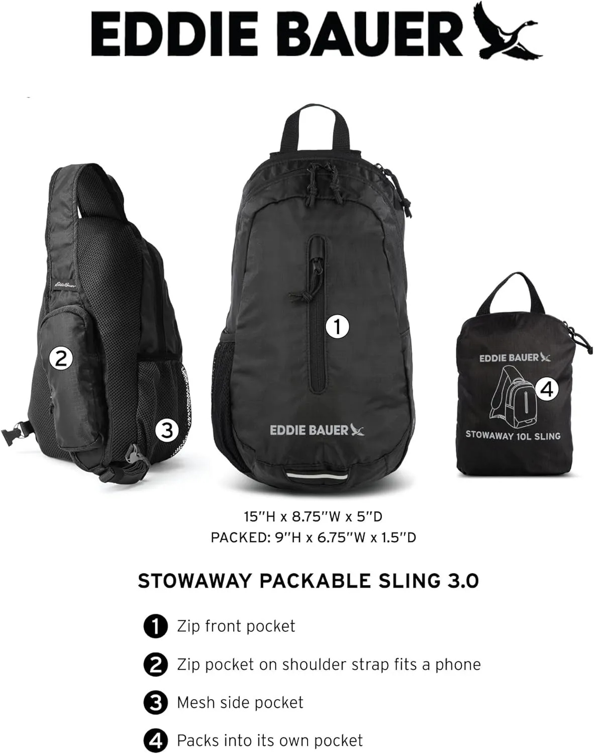 Eddie Bauer Stowaway Packable Sling Bag | Foldable | Travel | Outdoor | Lightweight | Compact | Everyday Carry | Ripstop Nylon | 10L - Onyx Black