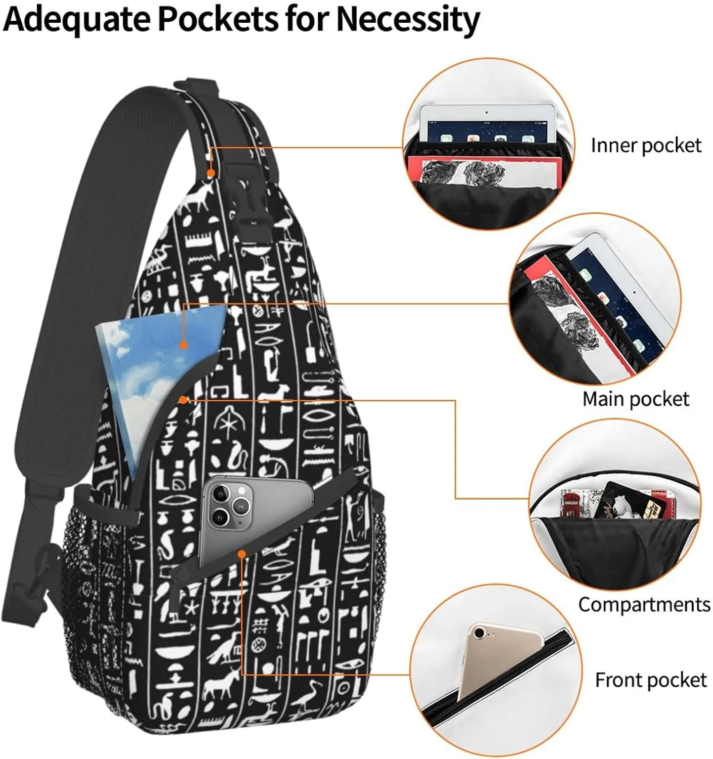 Egyptian Notes Crossbody Bag Hieroglyphs Shoulder Bag Backpack Ancient Egyptian Sling Bag Chest Casual Daypack
