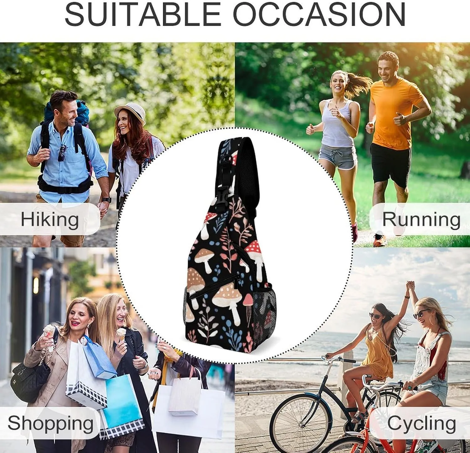 Elegant Crossbody Backpack, Autumn Fall Leaves Cool Mushrooms Travel Hiking Chest Bag Adjustable Sling Pack for Purses Shoulder Bag for Women Men's Travel,Sports