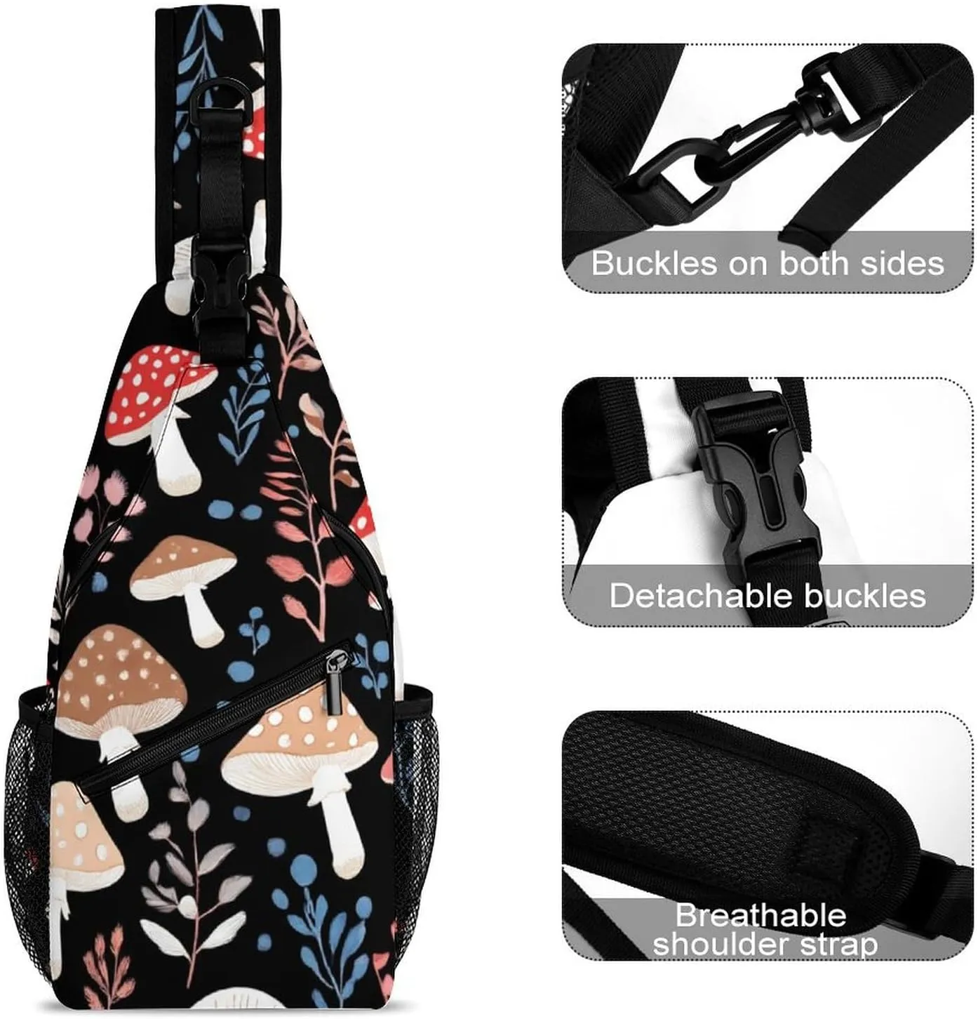 Elegant Crossbody Backpack, Autumn Fall Leaves Cool Mushrooms Travel Hiking Chest Bag Adjustable Sling Pack for Purses Shoulder Bag for Women Men's Travel,Sports