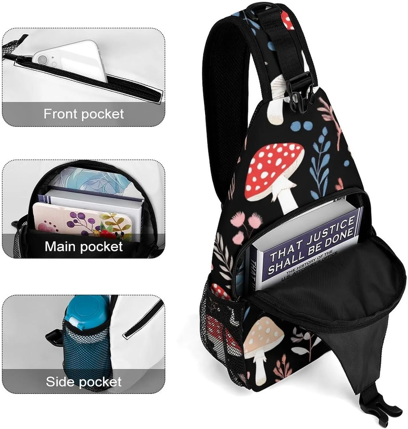 Elegant Crossbody Backpack, Autumn Fall Leaves Cool Mushrooms Travel Hiking Chest Bag Adjustable Sling Pack for Purses Shoulder Bag for Women Men's Travel,Sports