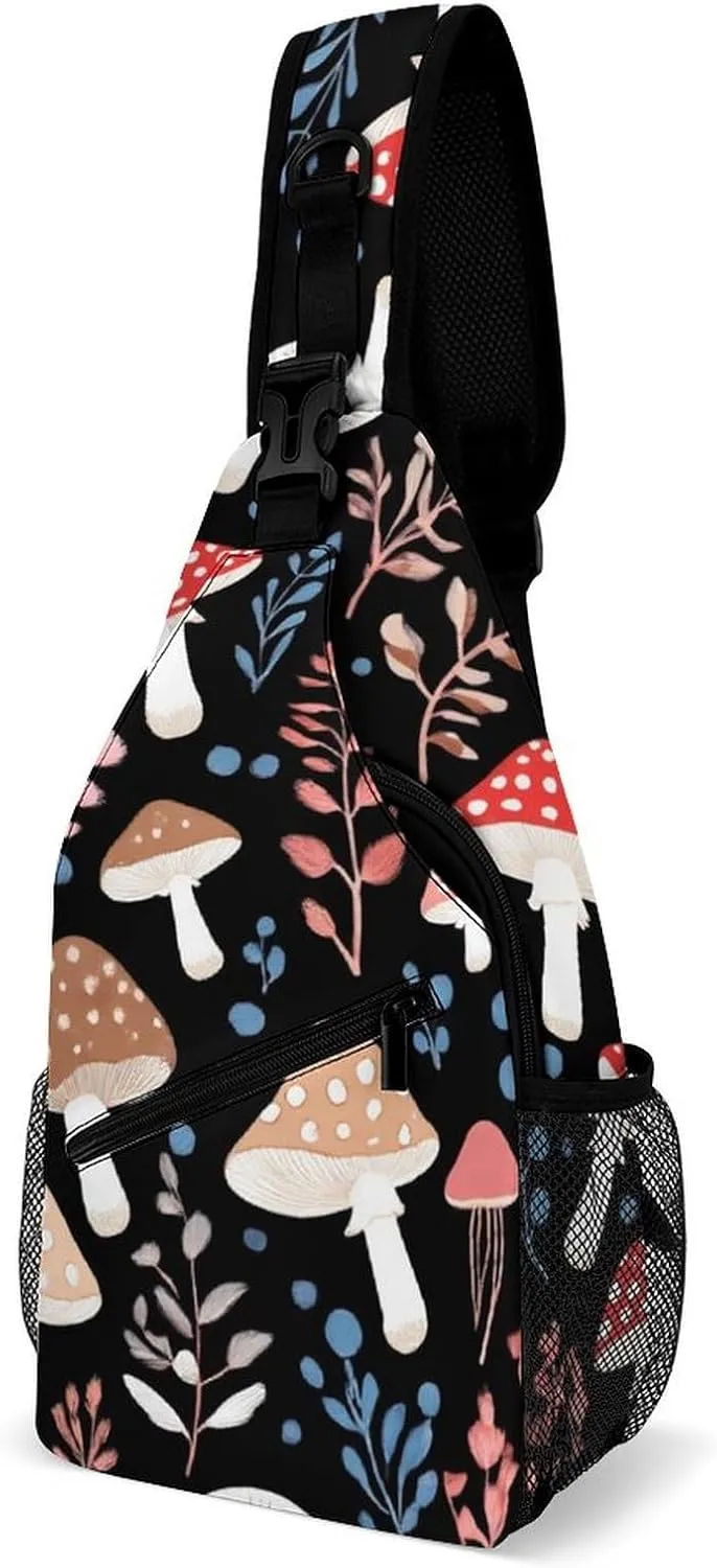 Elegant Crossbody Backpack, Autumn Fall Leaves Cool Mushrooms Travel Hiking Chest Bag Adjustable Sling Pack for Purses Shoulder Bag for Women Men's Travel,Sports
