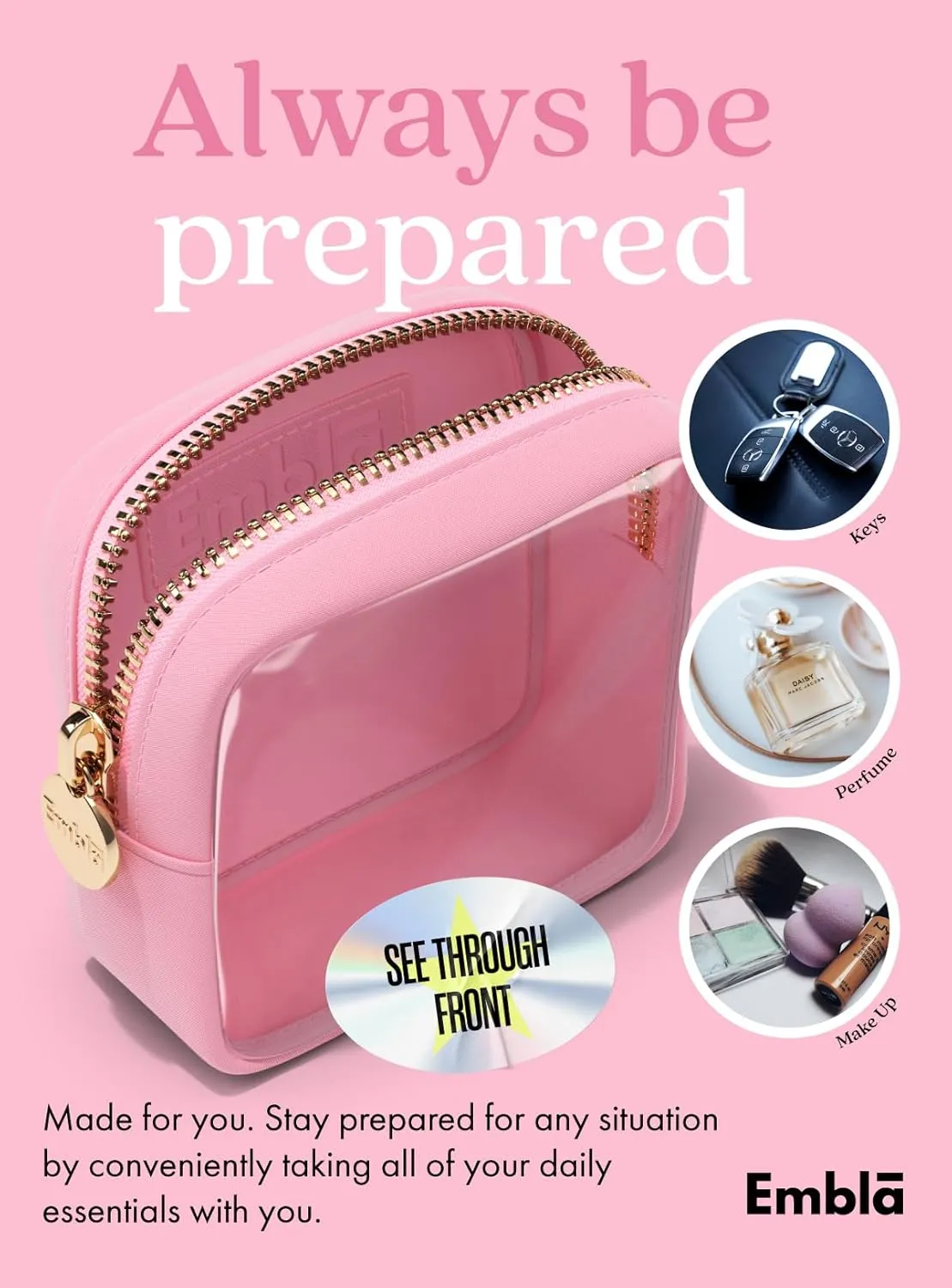 Embla Clear Cosmetic Bag Makeup Case, Clear Zipper Make Up Pouch and Toiletry Travel Tote, Cute Skincare Pouches for Women Girls, Preppy Purse Cosmetic Organizer, Mini Makeup Bags, Flamingo Pink