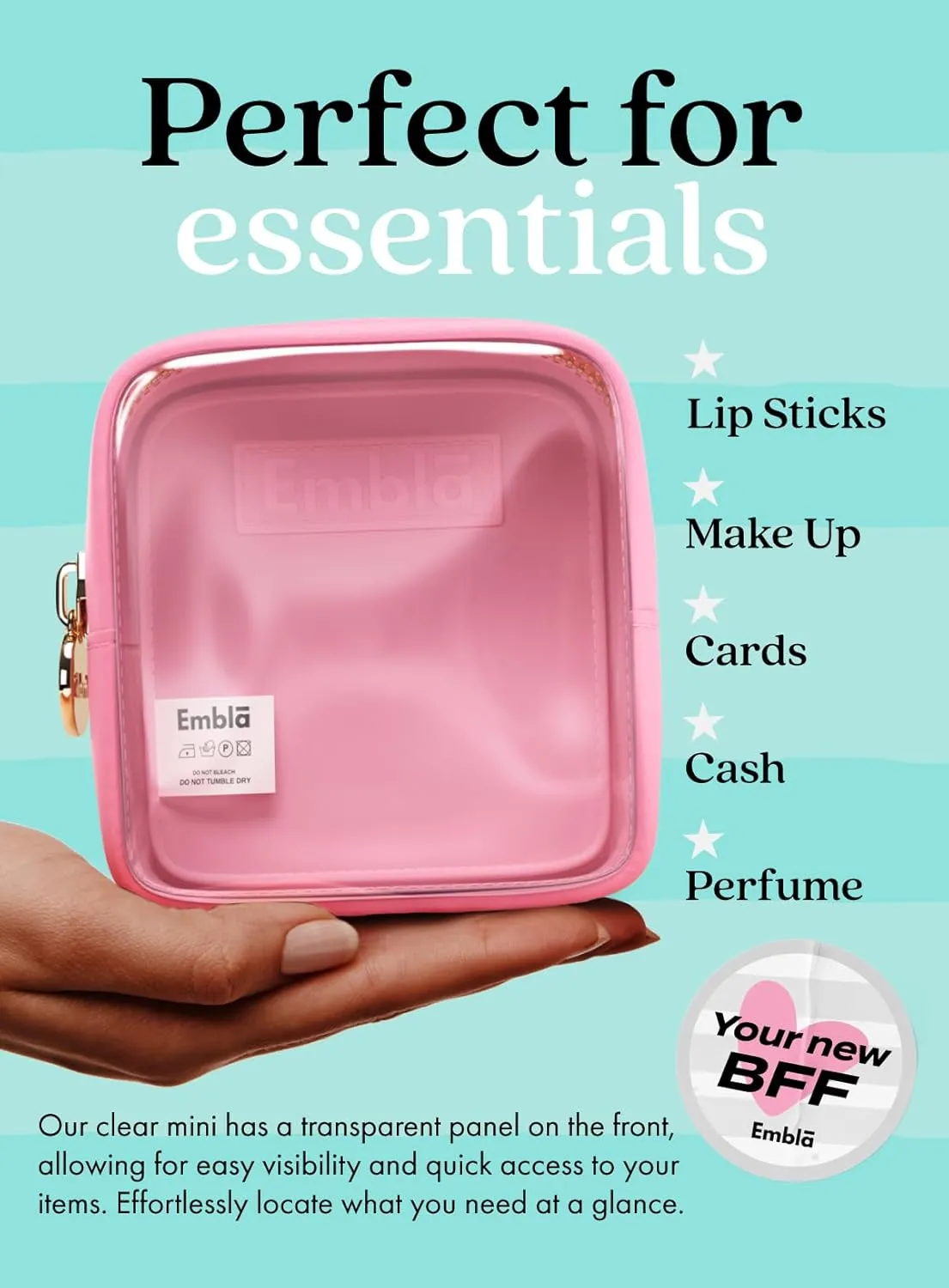 Embla Clear Cosmetic Bag Makeup Case, Clear Zipper Make Up Pouch and Toiletry Travel Tote, Cute Skincare Pouches for Women Girls, Preppy Purse Cosmetic Organizer, Mini Makeup Bags, Flamingo Pink