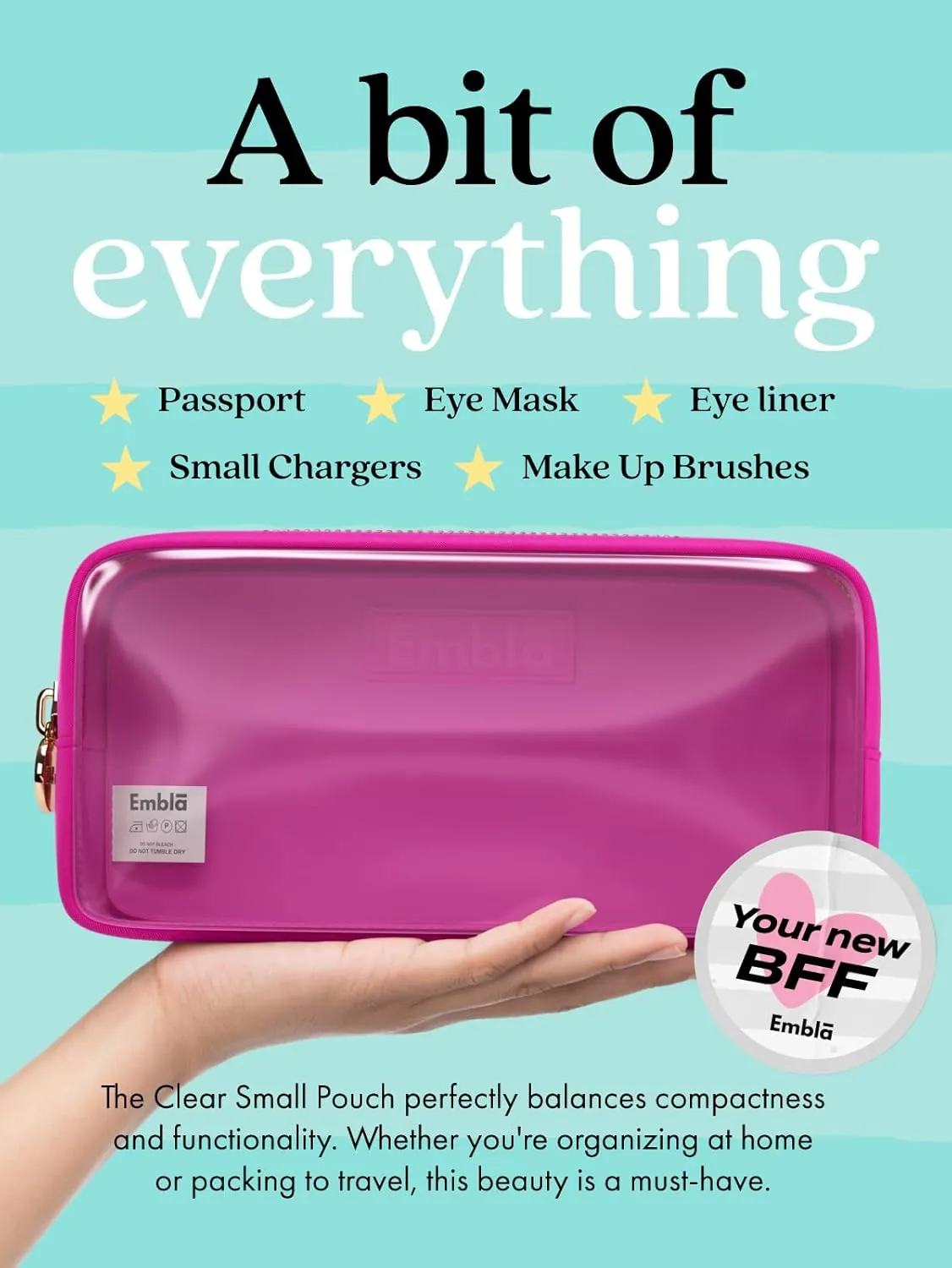Embla Clear Cosmetic Bag Makeup Case, Clear Zipper Make Up Pouch and Toiletry Travel Tote, Cute Skincare Pouches for Women Girls, Preppy Purse Cosmetic Organizer, Small Makeup Bags, Fuchsia