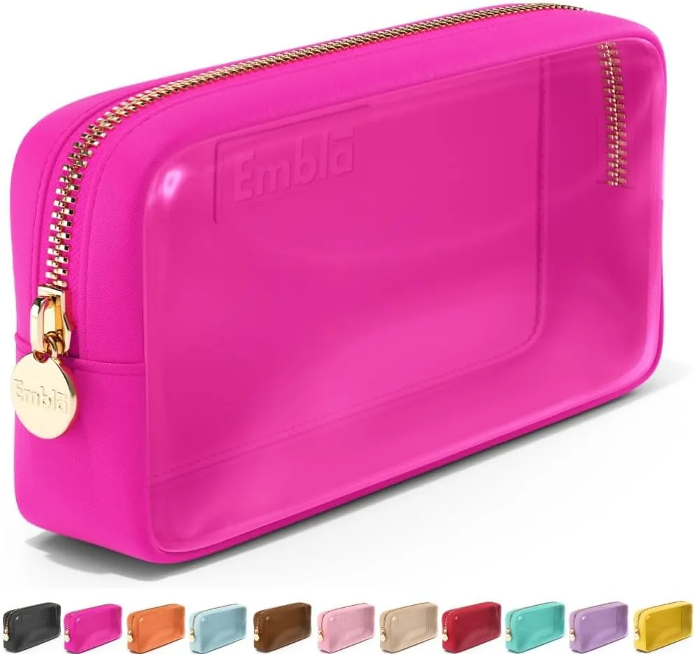 Embla Clear Cosmetic Bag Makeup Case, Clear Zipper Make Up Pouch and Toiletry Travel Tote, Cute Skincare Pouches for Women Girls, Preppy Purse Cosmetic Organizer, Small Makeup Bags, Fuchsia