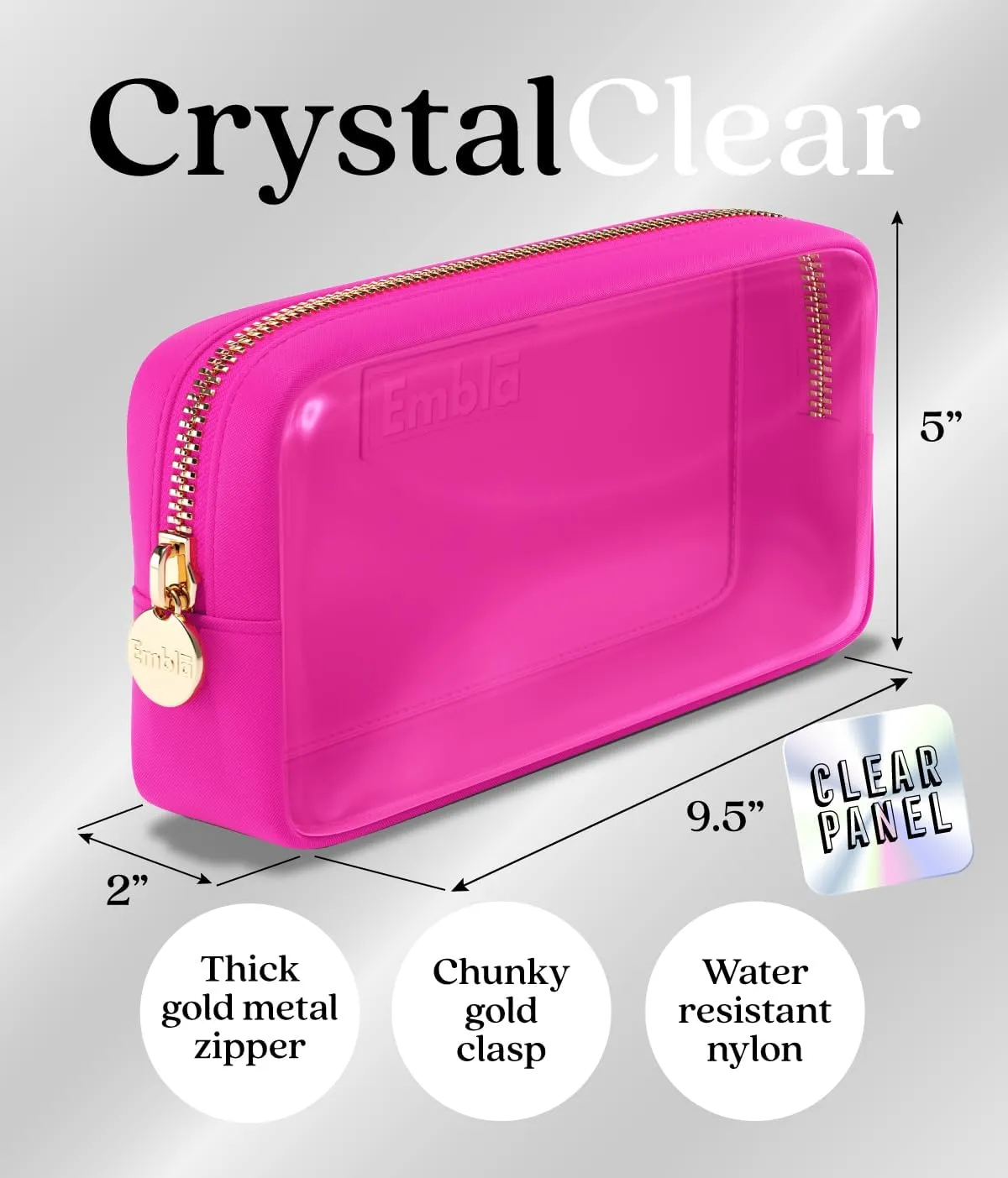 Embla Clear Cosmetic Bag Makeup Case, Clear Zipper Make Up Pouch and Toiletry Travel Tote, Cute Skincare Pouches for Women Girls, Preppy Purse Cosmetic Organizer, Small Makeup Bags, Fuchsia