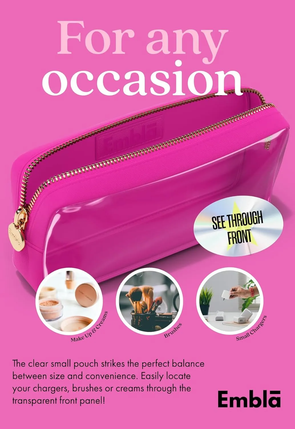 Embla Clear Cosmetic Bag Makeup Case, Clear Zipper Make Up Pouch and Toiletry Travel Tote, Cute Skincare Pouches for Women Girls, Preppy Purse Cosmetic Organizer, Small Makeup Bags, Fuchsia